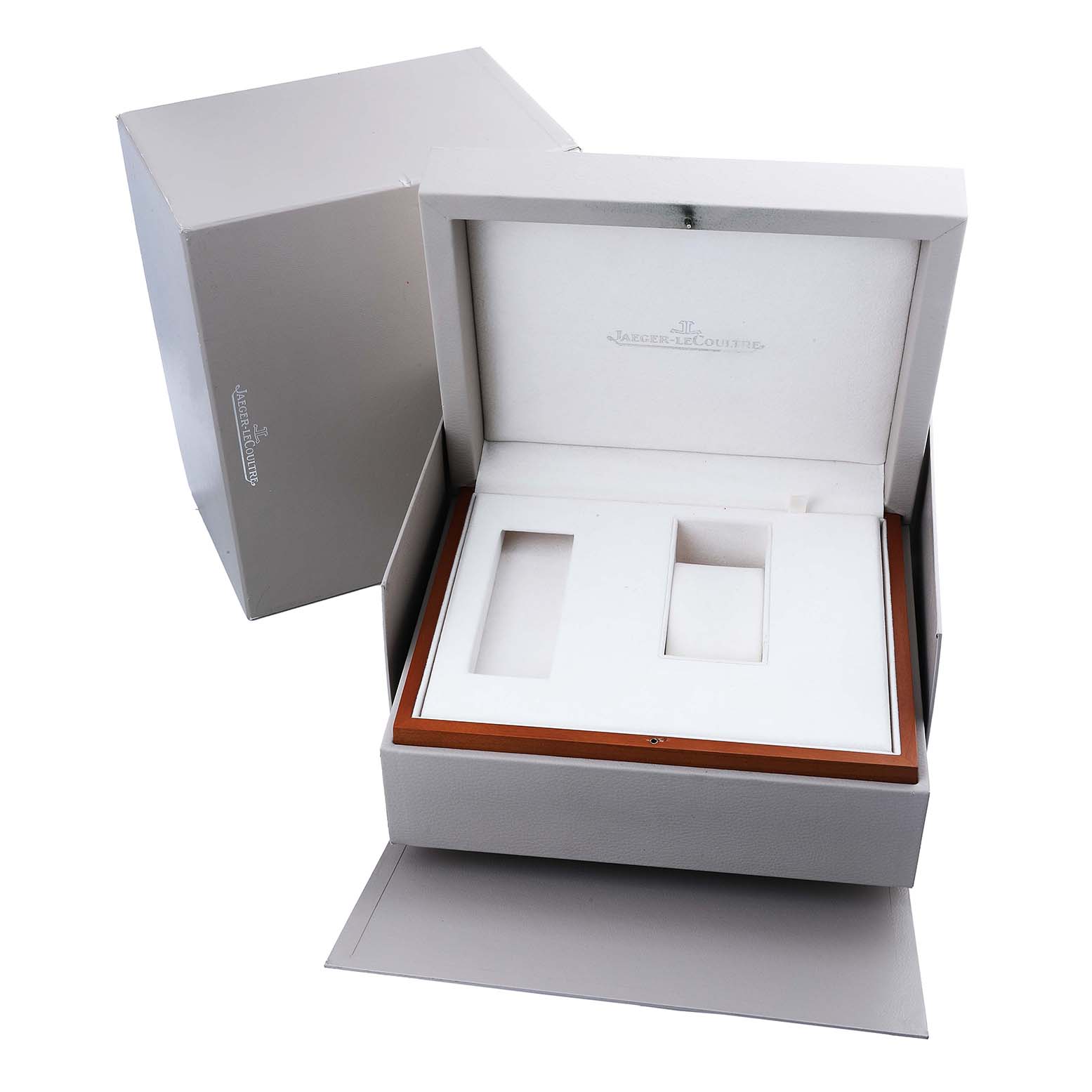The image shows an open Jaeger LeCoultre watch box for the Master model, viewed from the front with compartments visible.