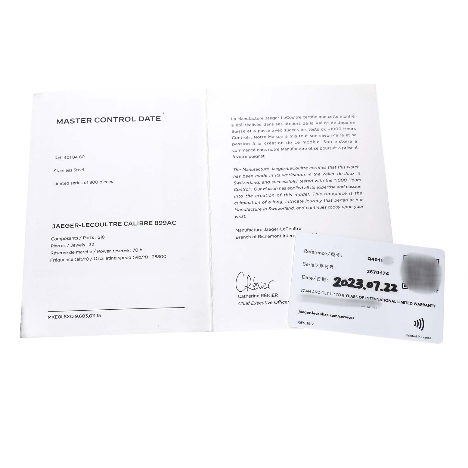 The image shows documentation for the Jaeger-LeCoultre Master model, including a warranty card and manuals.