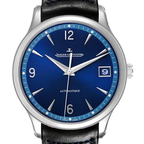The Jaeger-LeCoultre Master watch is shown from the front, highlighting its blue dial, silver indices, and date window.