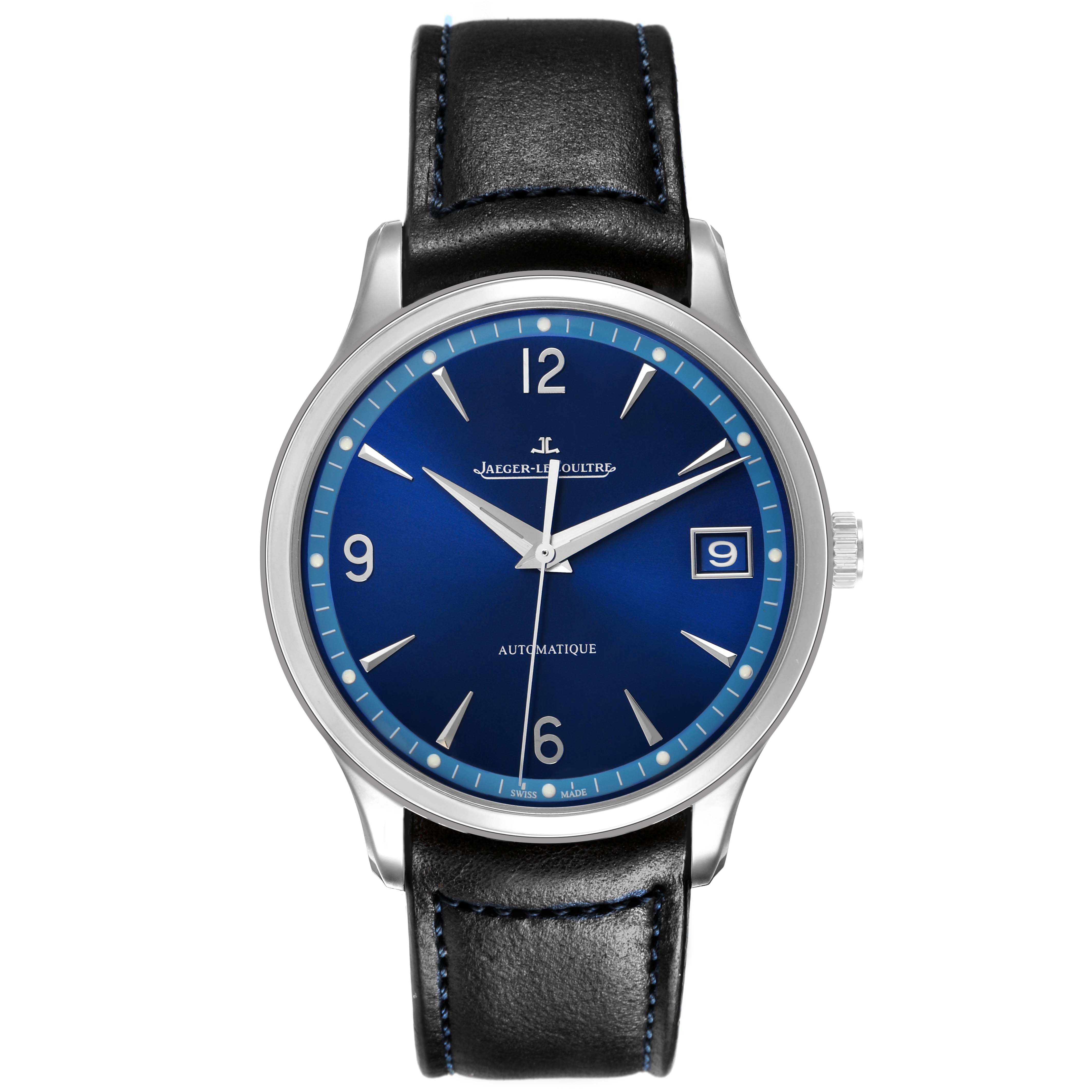 The Jaeger-LeCoultre Master watch is shown from a front angle, highlighting its blue dial, silver hands, and leather strap.
