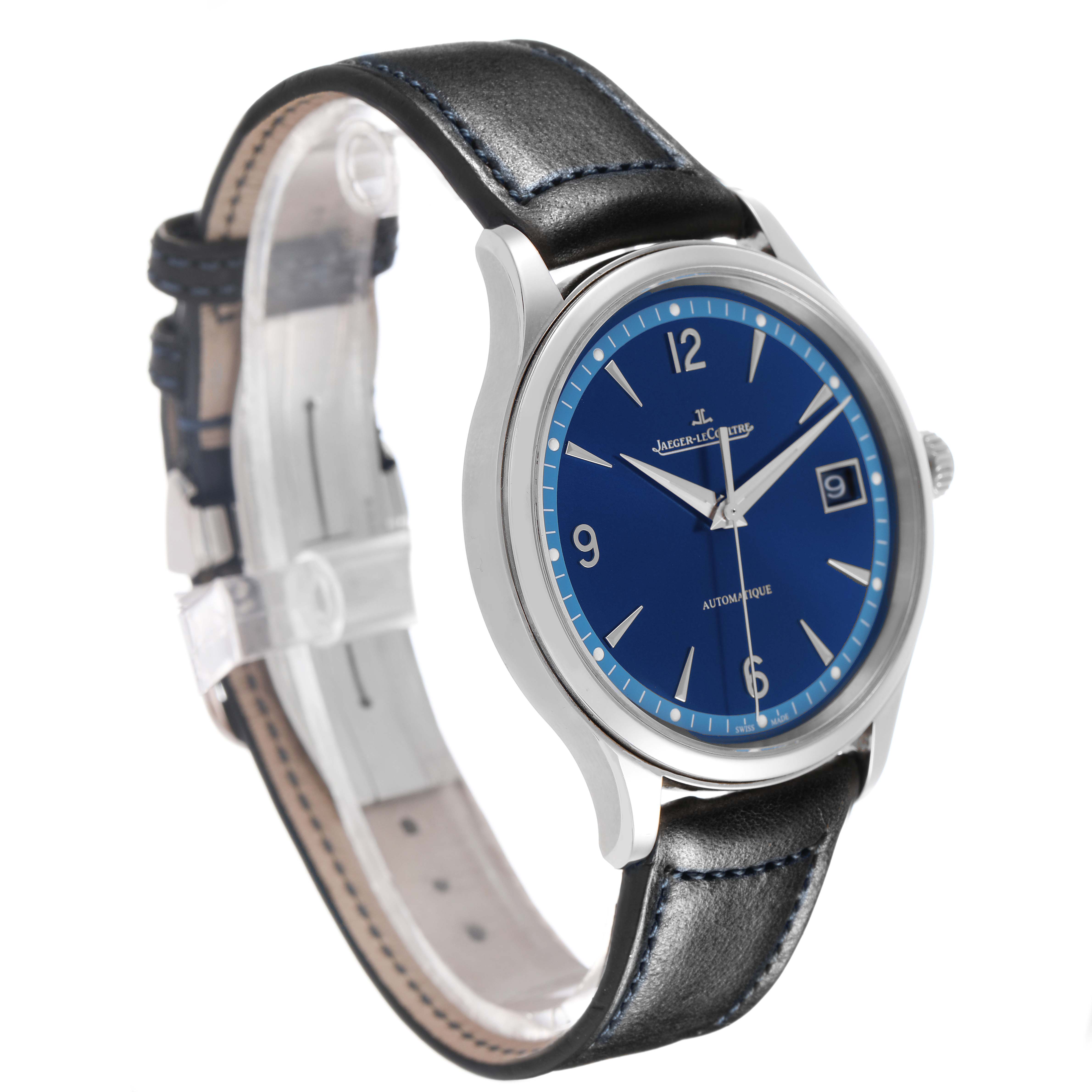The Jaeger LeCoultre Master Q4018480 Men's Stainless Steel Blue Dial watch is shown at an angled side view, highlighting its blue dial, silver bezel, and black leather strap.
