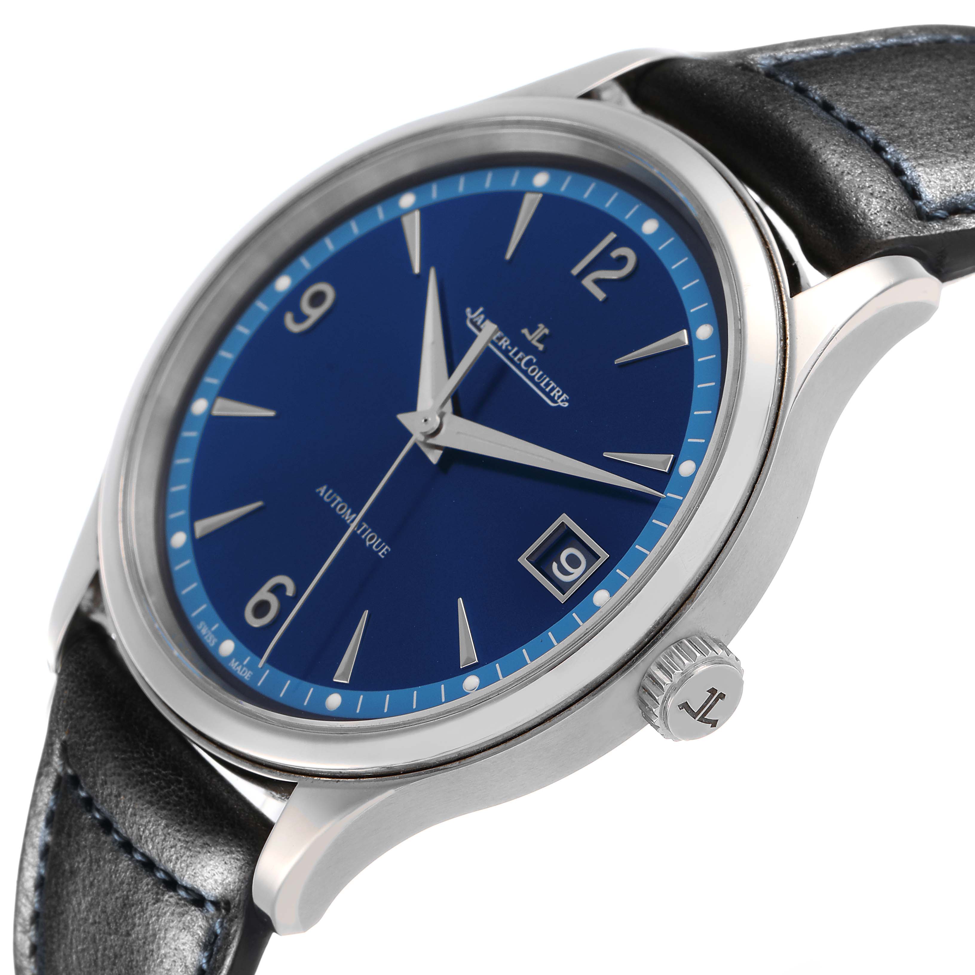 The Jaeger LeCoultre Master Q4018480 Men's Stainless Steel Blue Dial watch is shown at a side angle highlighting the blue dial, silver bezel, crown, and leather strap.