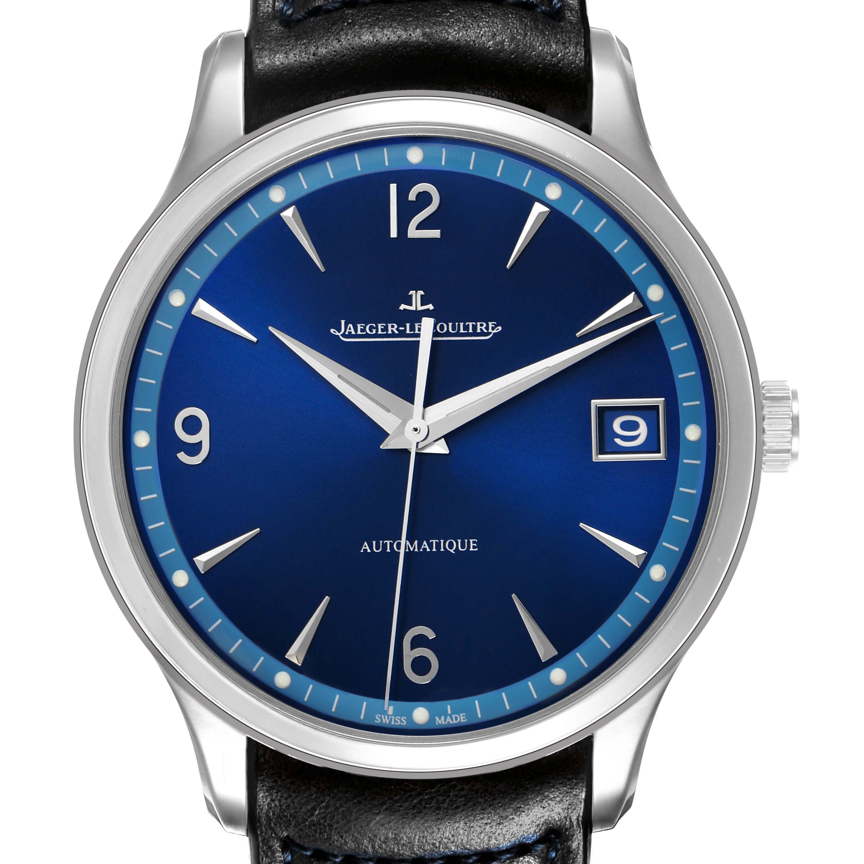 The Jaeger LeCoultre Master Q4018480 Men's Stainless Steel Blue Dial model watch is shown from a front angle, highlighting the blue dial, hour markers, and date window.