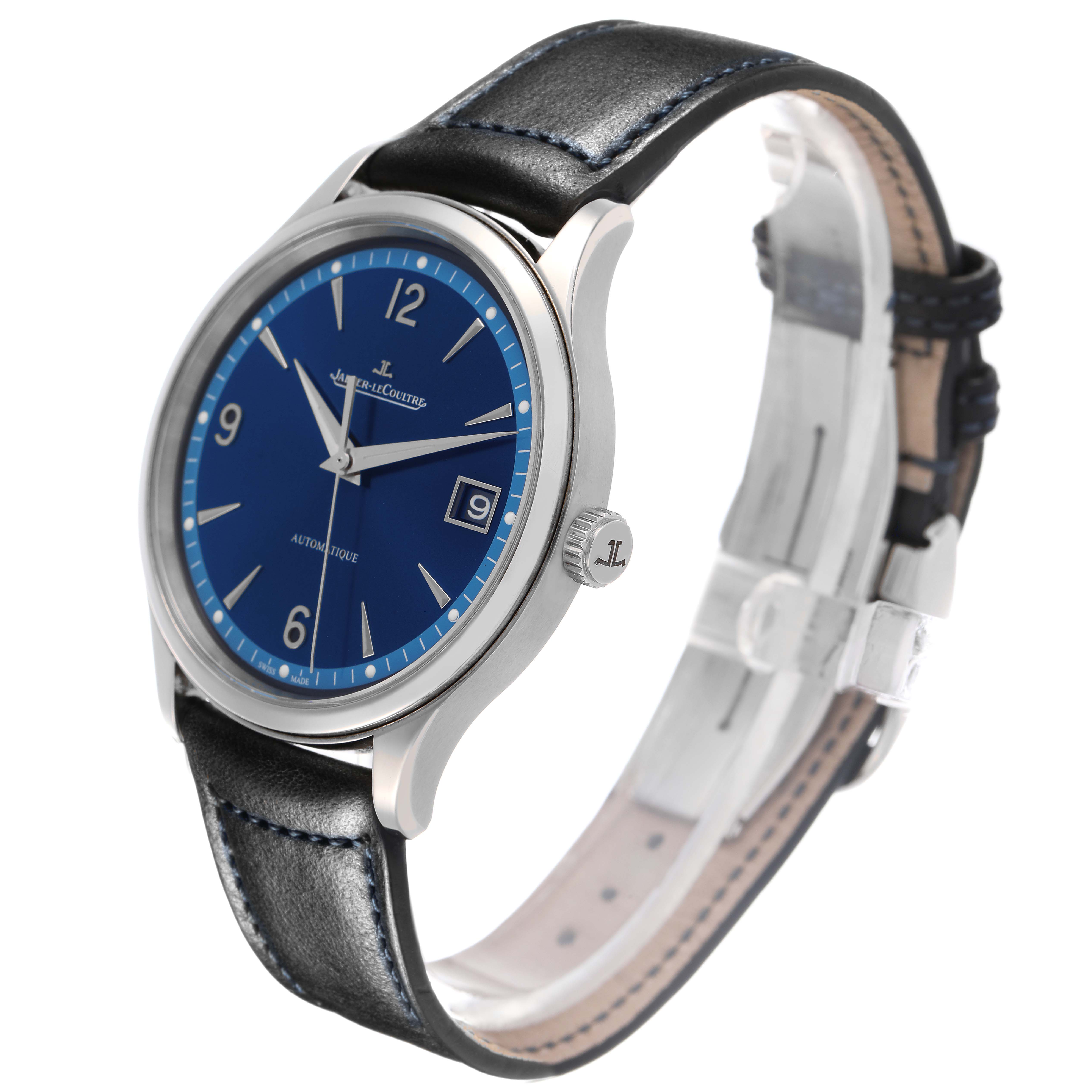 The Jaeger LeCoultre Master Q4018480 Men's Stainless Steel Blue Dial watch is shown at a three-quarter angle, highlighting the blue dial, case, crown, and leather strap.