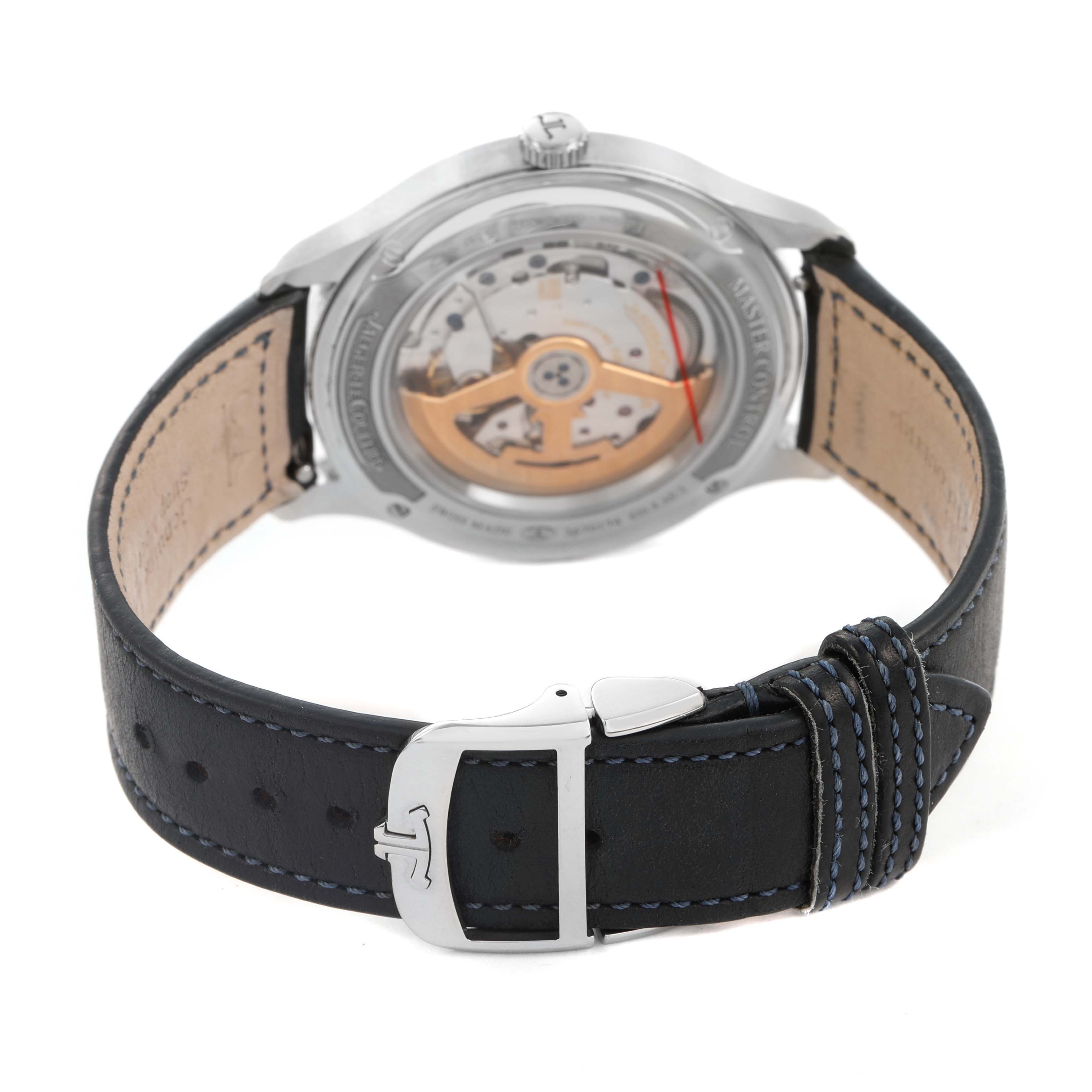 The image shows the back of the Jaeger LeCoultre Master Q4018480 Men's Stainless Steel Blue Dial watch, highlighting the movement and black leather strap.