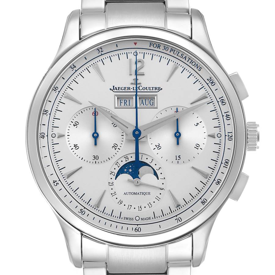 The Jaeger LeCoultre Master model Q413813J men's watch is shown from a front angle, displaying the dial, subdials, and stainless steel bracelet.