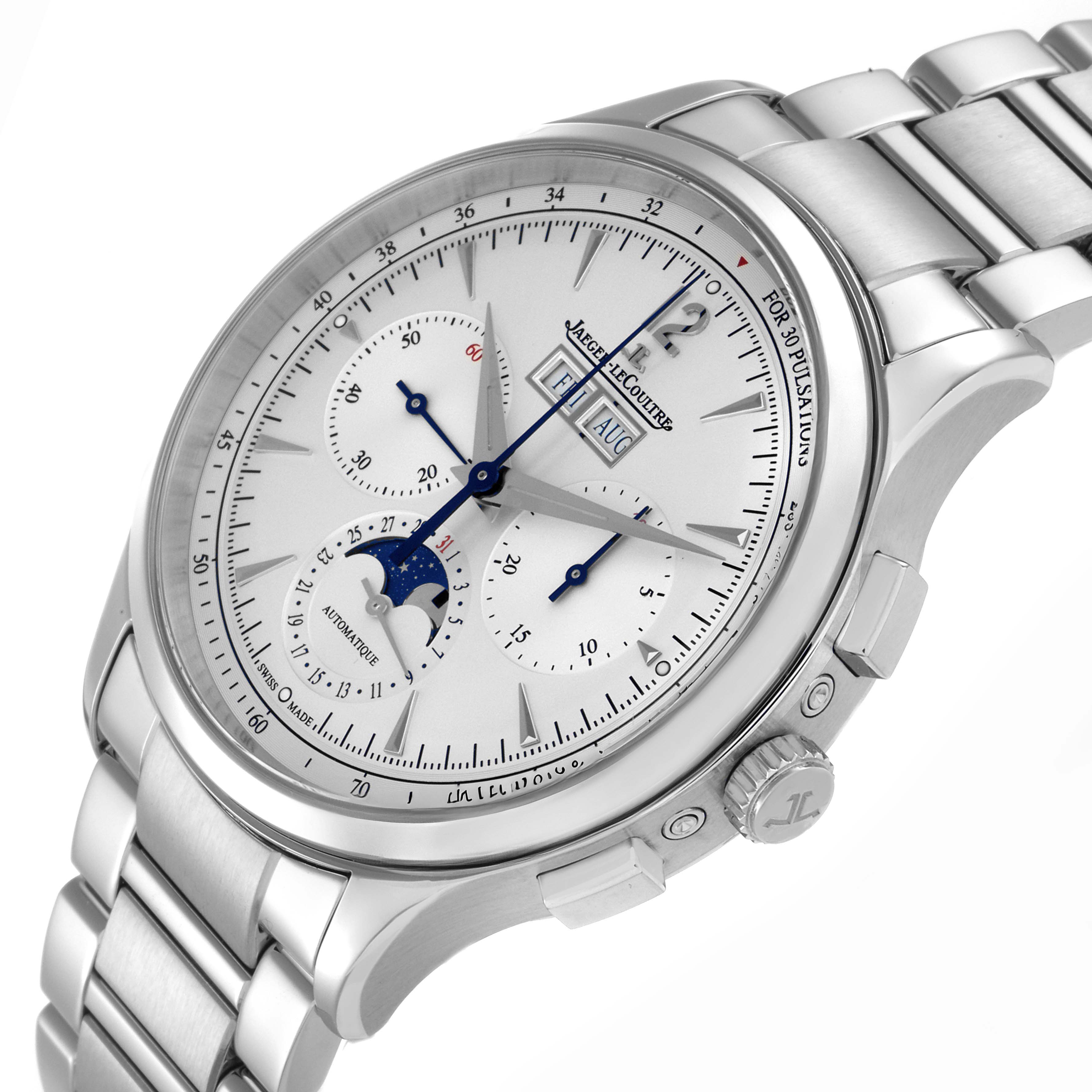 The Jaeger LeCoultre Master model Q413813J men's watch is shown at a slight angle, highlighting the dial, subdials, date display, moon phase, and stainless steel bracelet.