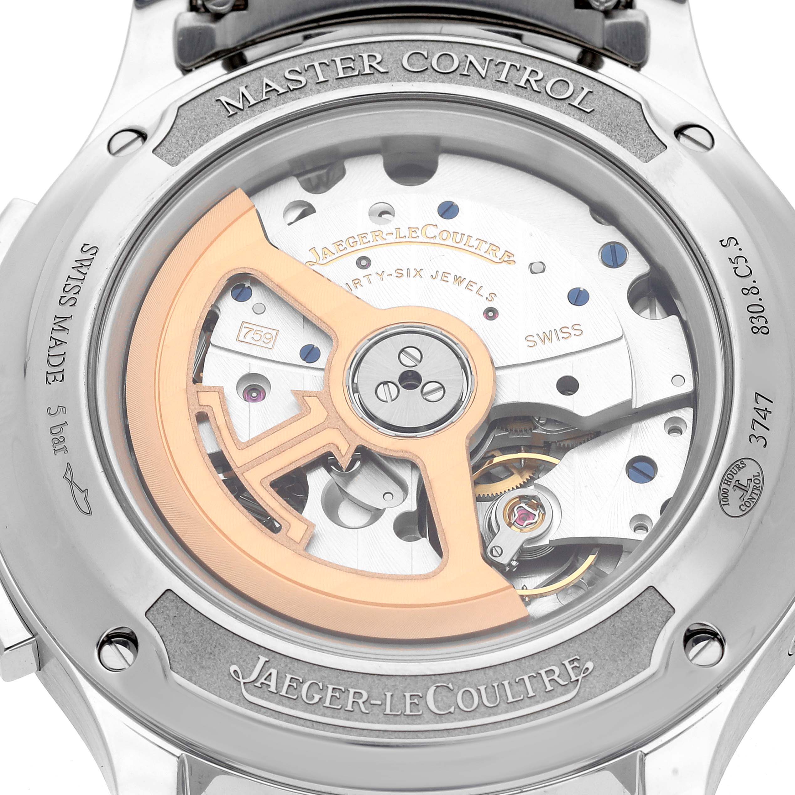The image shows the back of the Jaeger-LeCoultre Master model Q413813J men's watch, highlighting its intricate movement and rotor.