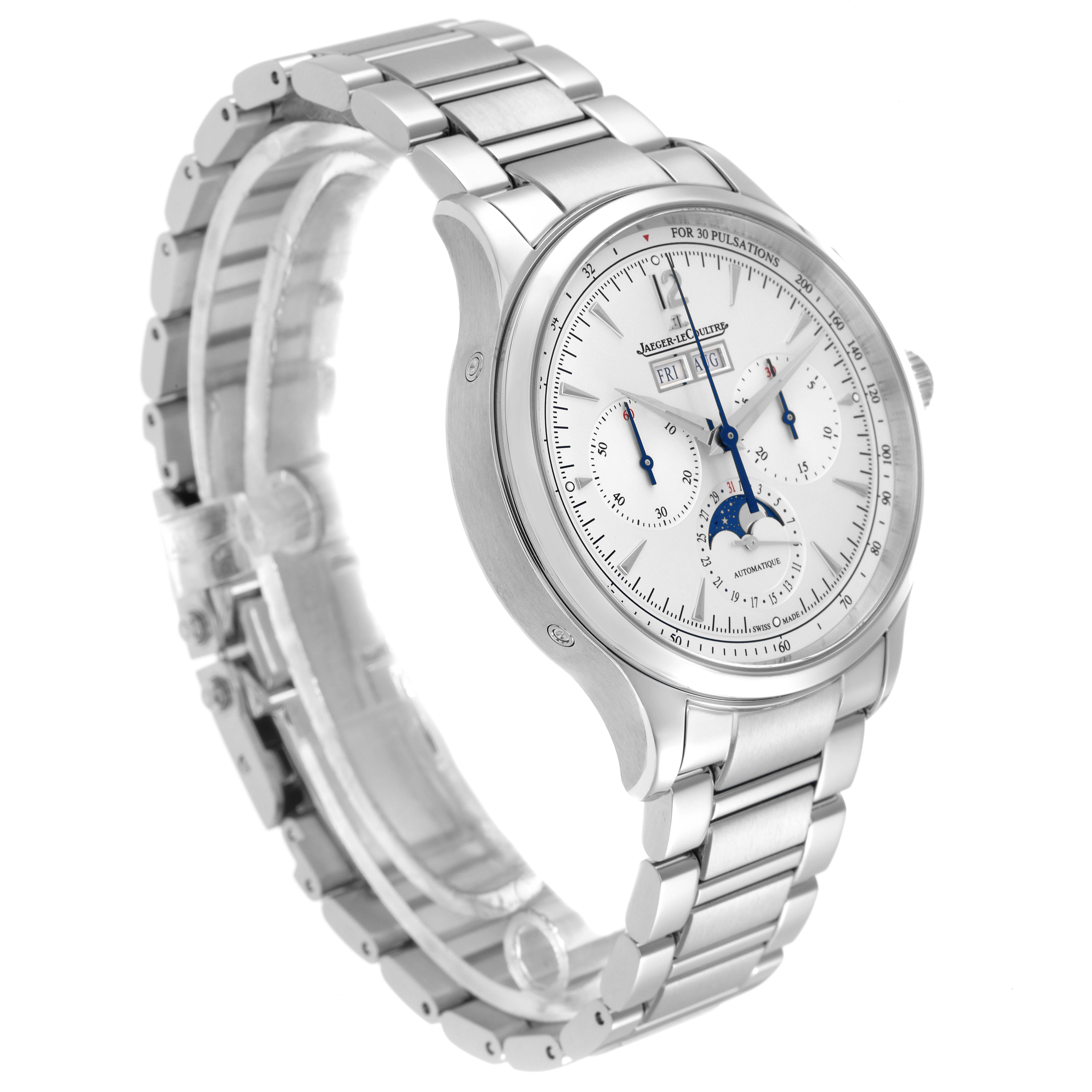 The image shows a Jaeger LeCoultre Master model Q413813J men's watch at an angled side view, highlighting the stainless steel bracelet and detailed silver dial.