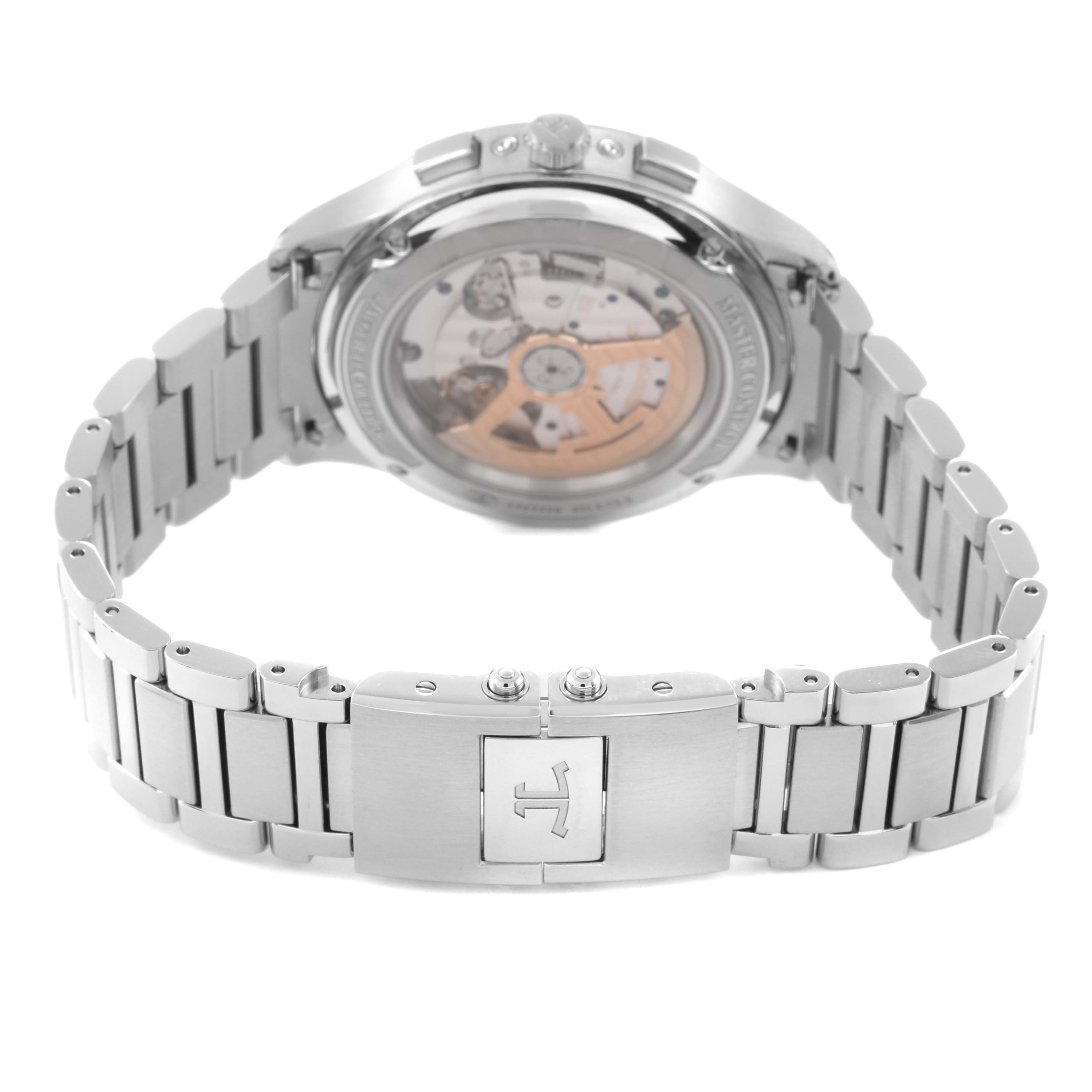 The image shows the back view of the Jaeger LeCoultre Master model Q413813J men's watch, highlighting the movement through the transparent case back and the metal bracelet.