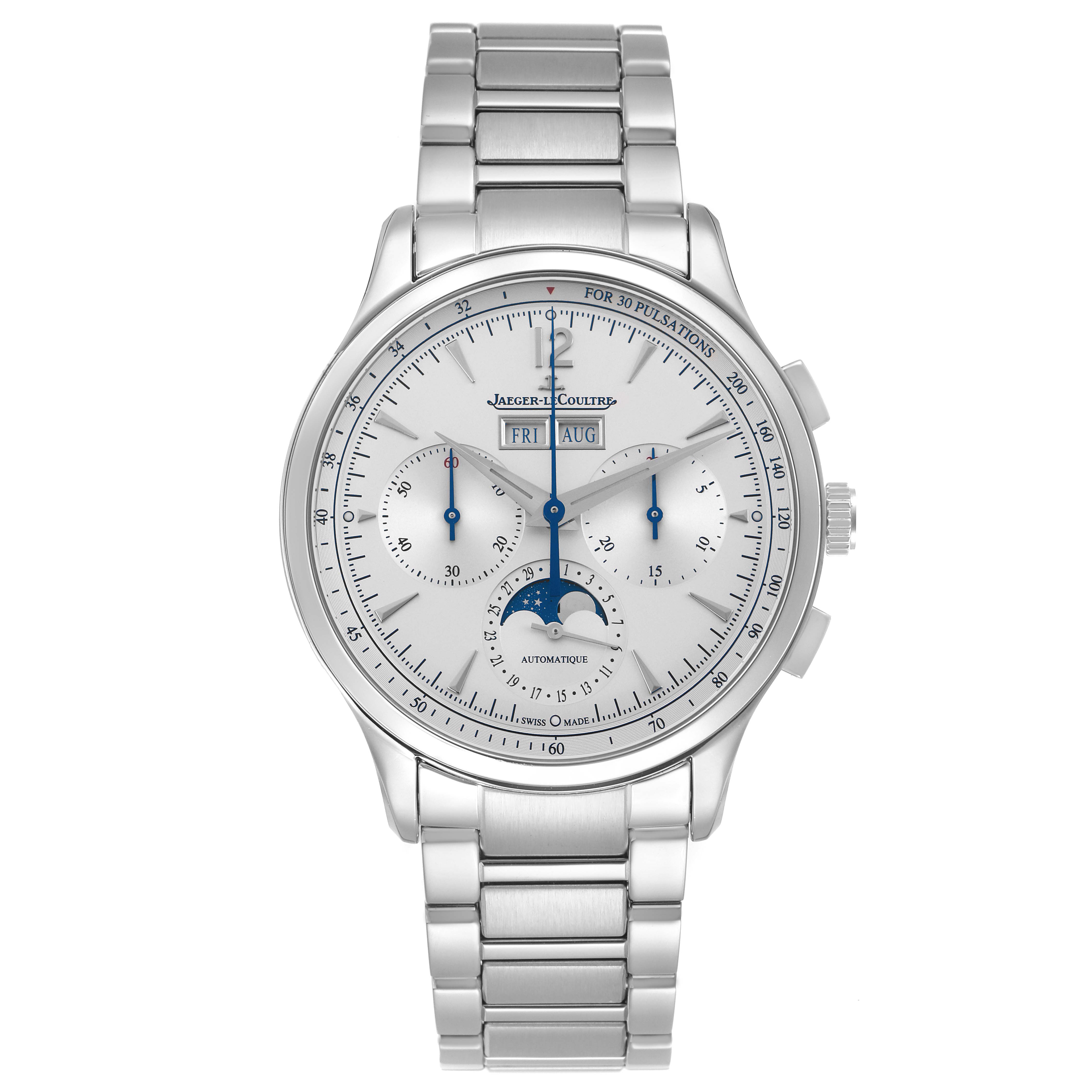 The image shows a front view of the Jaeger LeCoultre Master model men's watch, model number Q413813J, highlighting the dial, subdials, moon phase, and bracelet.