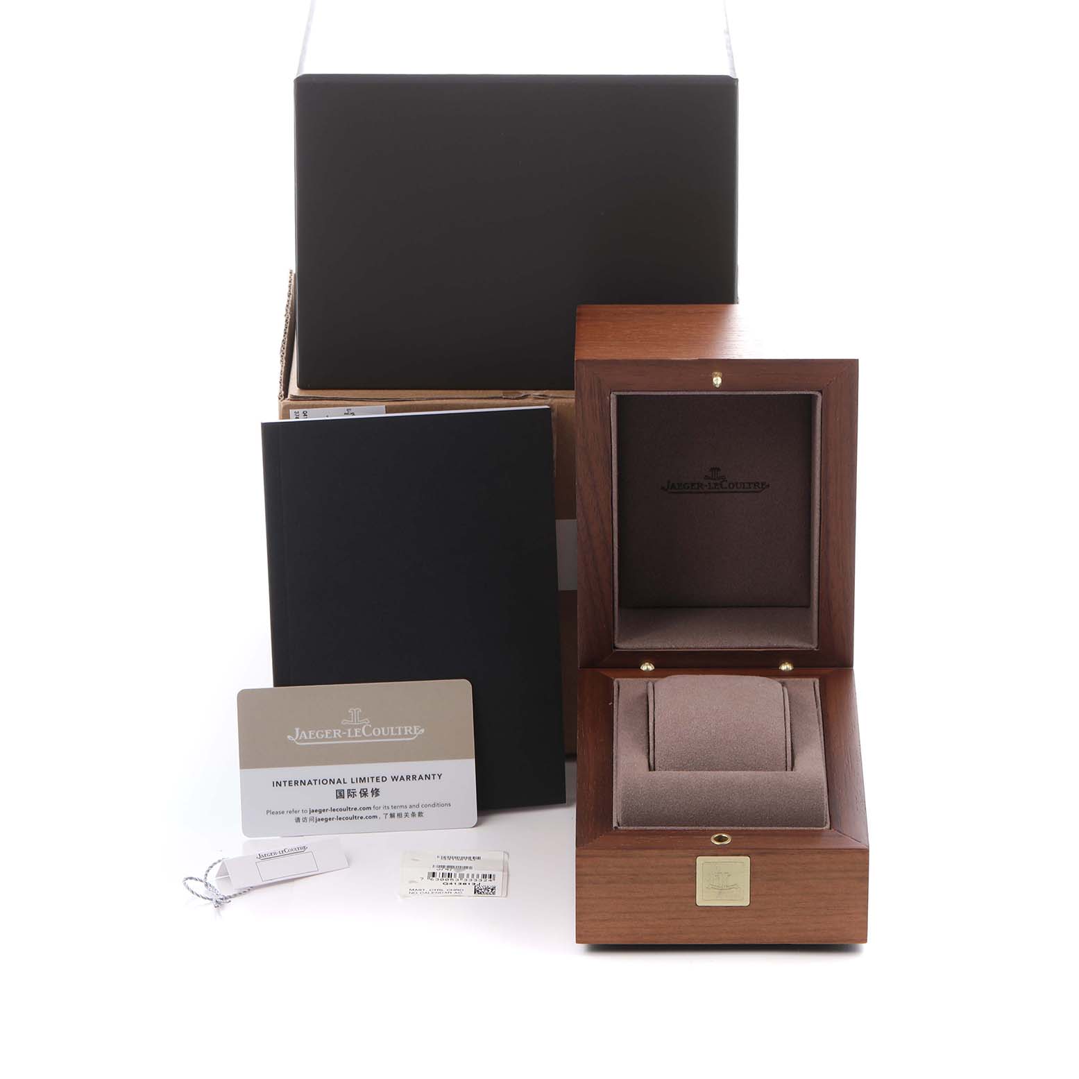 The image shows packaging and accessories for the Jaeger LeCoultre Master model, model number Q413813J, including the box, warranty card, and booklet.