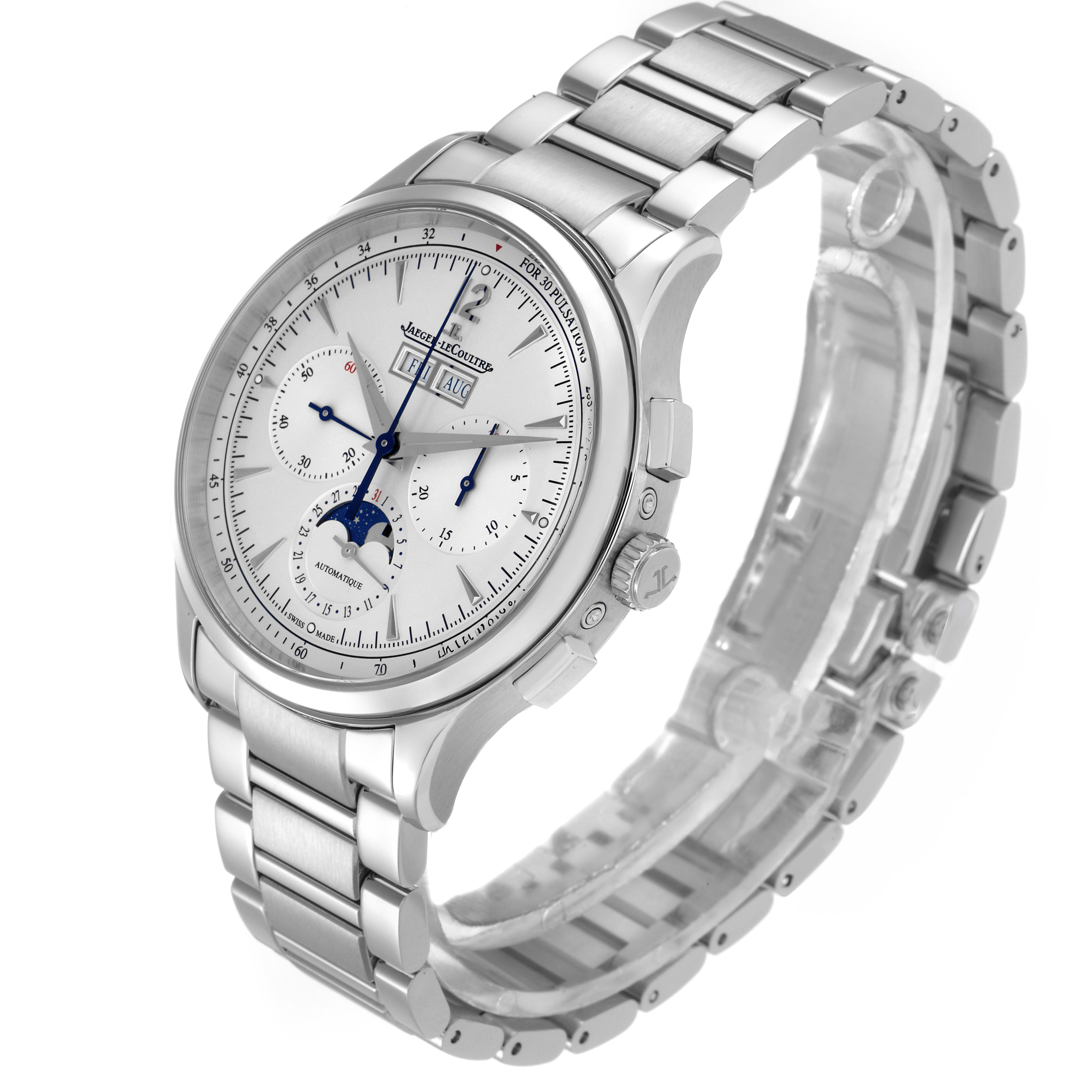 The image shows a Jaeger LeCoultre Master model men's watch, model number Q413813J, at an oblique angle highlighting the dial, bezel, crown, and bracelet.