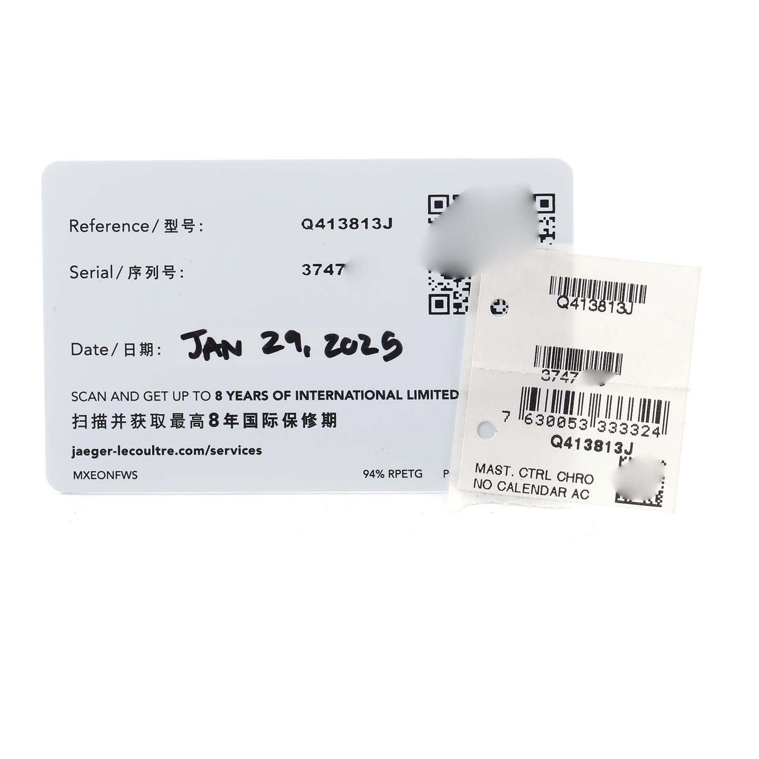 The image shows the warranty card and tags for a Jaeger LeCoultre Master model, model number Q413813J, providing details like the reference, serial number, and date.