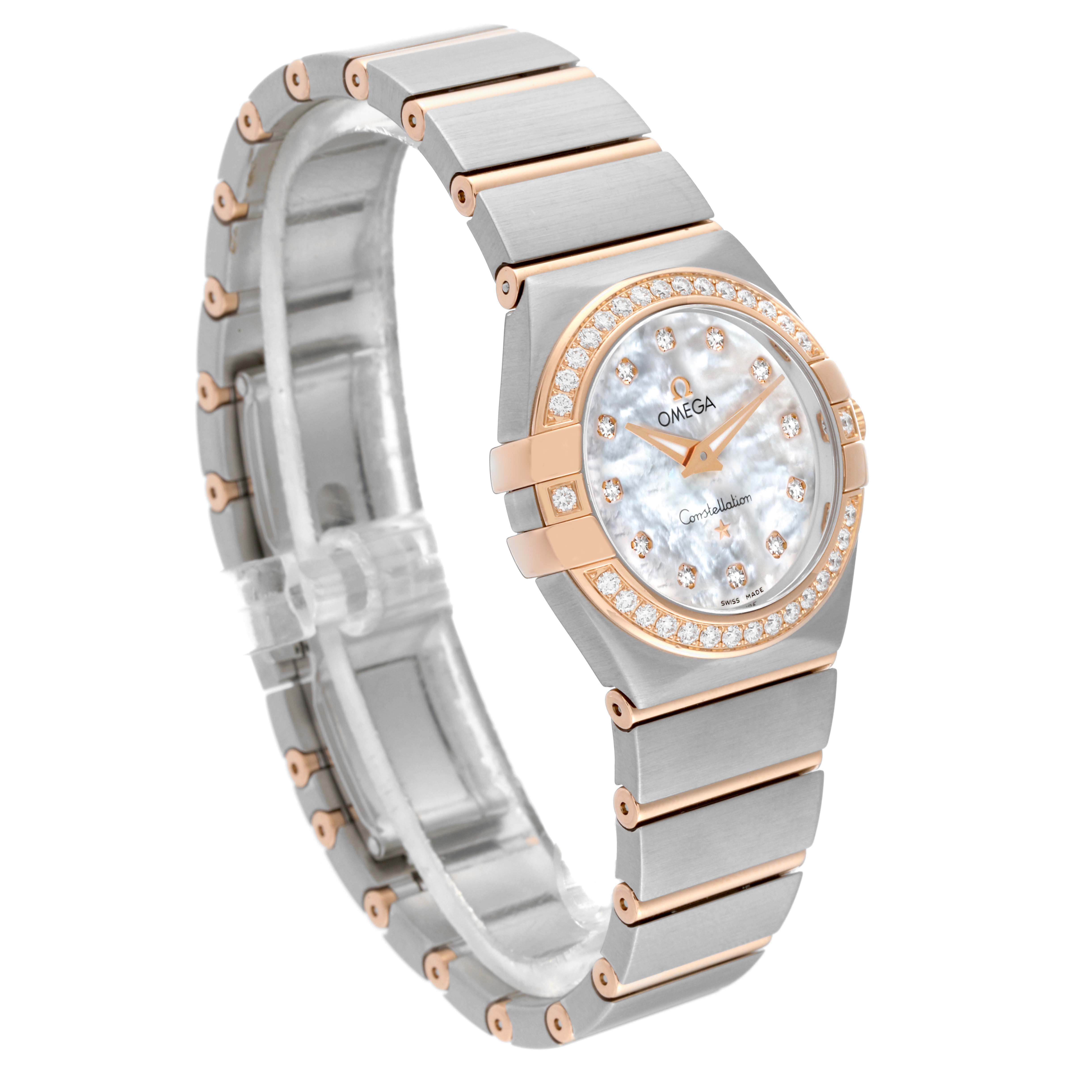 This image shows an angled side view of the Omega 123.25.27.60.55.001 Women's Steel and Gold (two tone) Mother of Pearl Dial 123.25.27.60.55.001 Women's Steel and Gold (two tone) Mother of Pearl Dial Constellation Steel Rose Gold Mother of Pearl Diamond Dial Ladies Watch model 123.25.27.60.55.001.