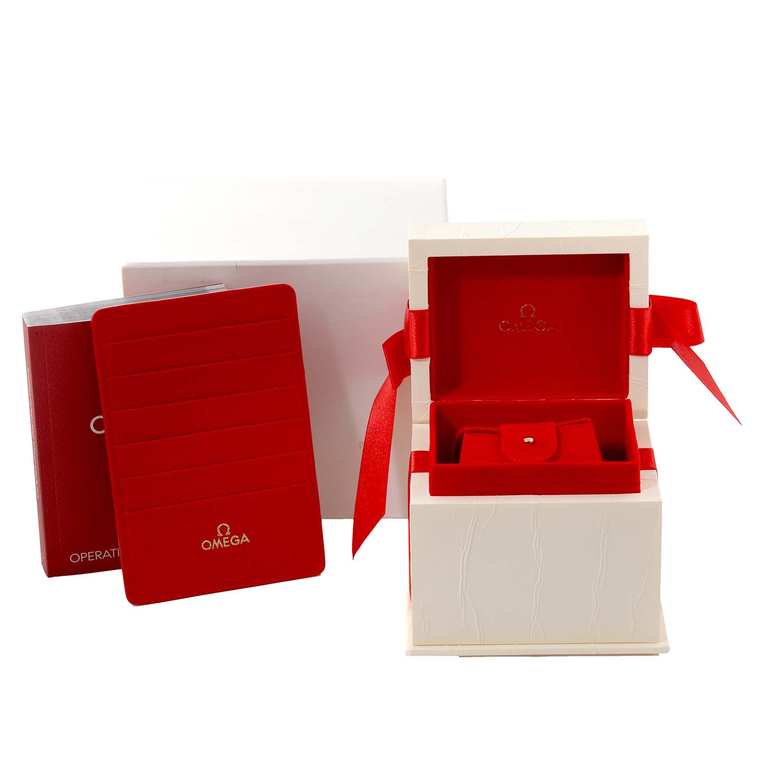 The image shows the packaging and accessories for an Omega 123.25.27.60.55.001 Women's Steel and Gold (two tone) Mother of Pearl Dial 123.25.27.60.55.001 Women's Steel and Gold (two tone) Mother of Pearl Dial Constellation Steel Rose Gold Mother of Pearl Diamond Dial Ladies Watch 123.25.27.60.55.001.