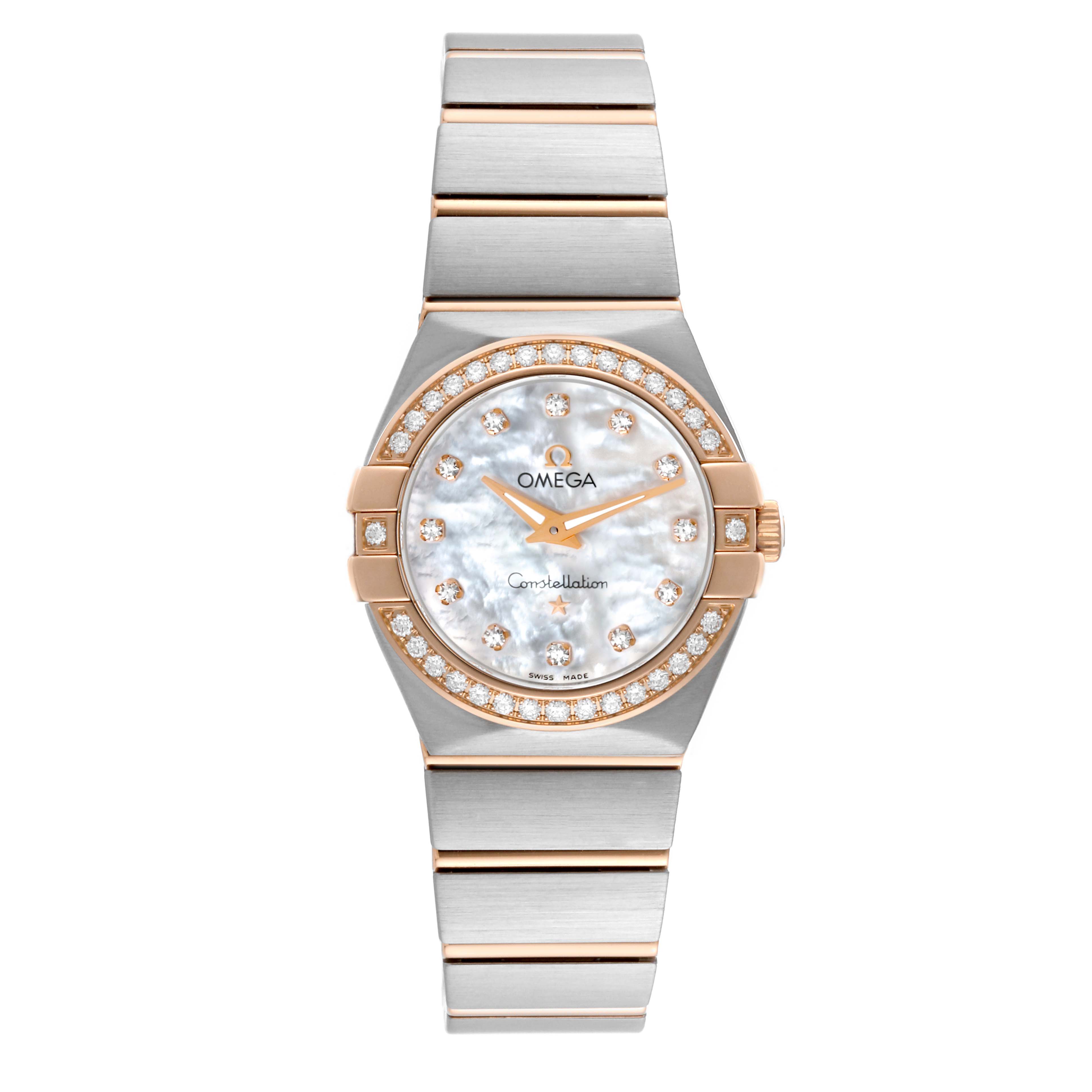 The Omega 123.25.27.60.55.001 Women's Steel and Gold (two tone) Mother of Pearl Dial 123.25.27.60.55.001 Women's Steel and Gold (two tone) Mother of Pearl Dial Constellation Steel Rose Gold Mother of Pearl Diamond Dial Ladies Watch 123.25.27.60.55.001 is shown from a front angle.