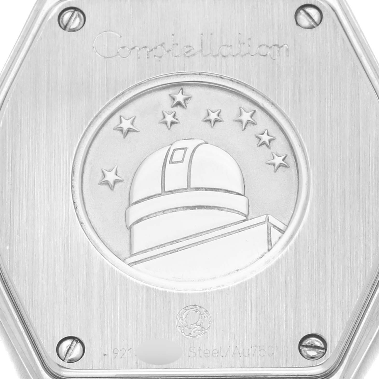 The image shows the back case of the Omega 123.25.27.60.55.001 Women's Steel and Gold (two tone) Mother of Pearl Dial 123.25.27.60.55.001 Women's Steel and Gold (two tone) Mother of Pearl Dial Constellation Steel Rose Gold Mother of Pearl Diamond Dial Ladies Watch, featuring an observatory motif.