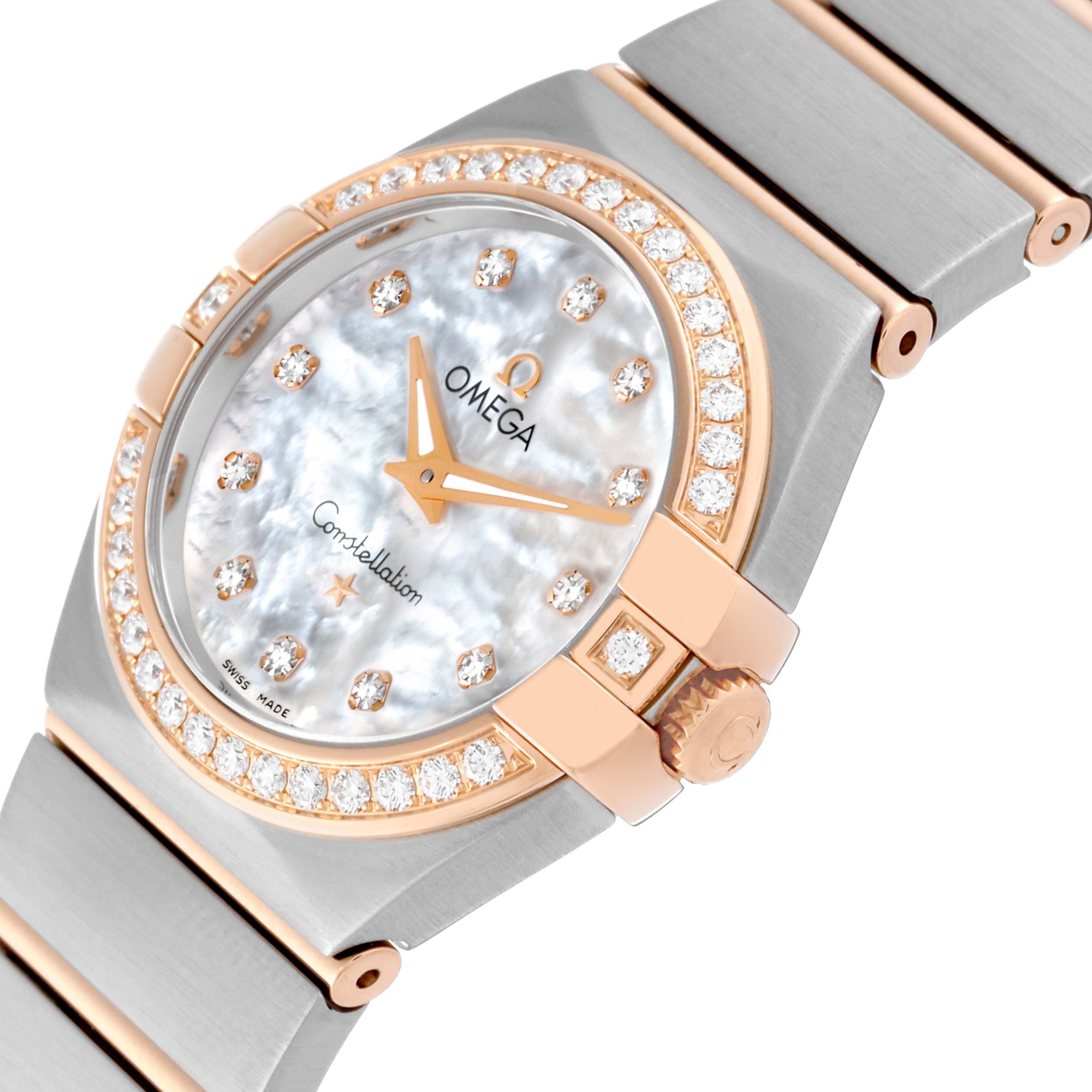 The image shows an angled view of an Omega 123.25.27.60.55.001 Women's Steel and Gold (two tone) Mother of Pearl Dial 123.25.27.60.55.001 Women's Steel and Gold (two tone) Mother of Pearl Dial Constellation Steel Rose Gold Mother of Pearl Diamond Dial Ladies Watch model 123.25.27.60.55.001, highlighting its dial and part of the bracelet.