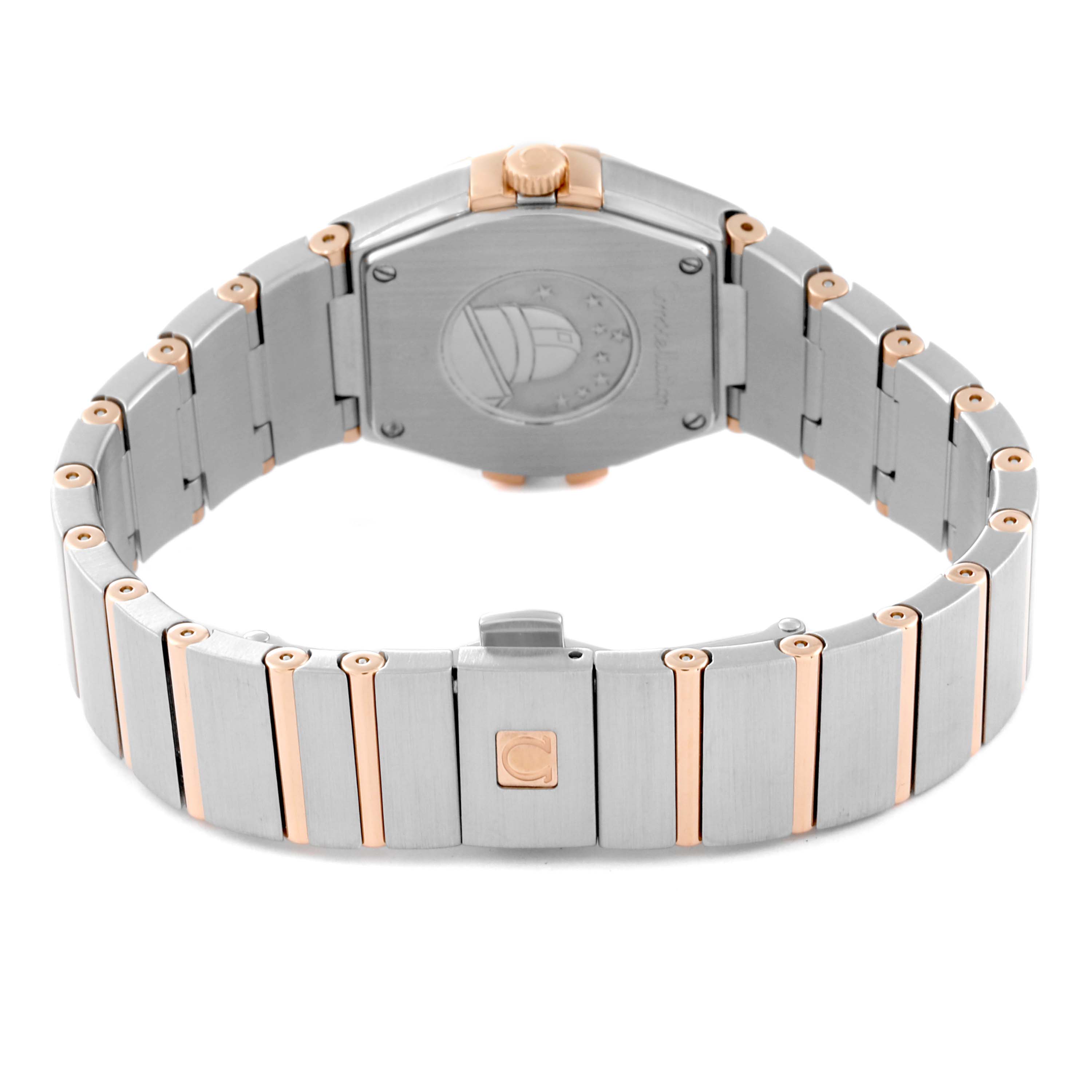The image shows the back view of the Omega 123.25.27.60.55.001 Women's Steel and Gold (two tone) Mother of Pearl Dial 123.25.27.60.55.001 Women's Steel and Gold (two tone) Mother of Pearl Dial Constellation Steel Rose Gold Mother of Pearl Diamond Dial Ladies Watch 123.25.27.60.55.001.