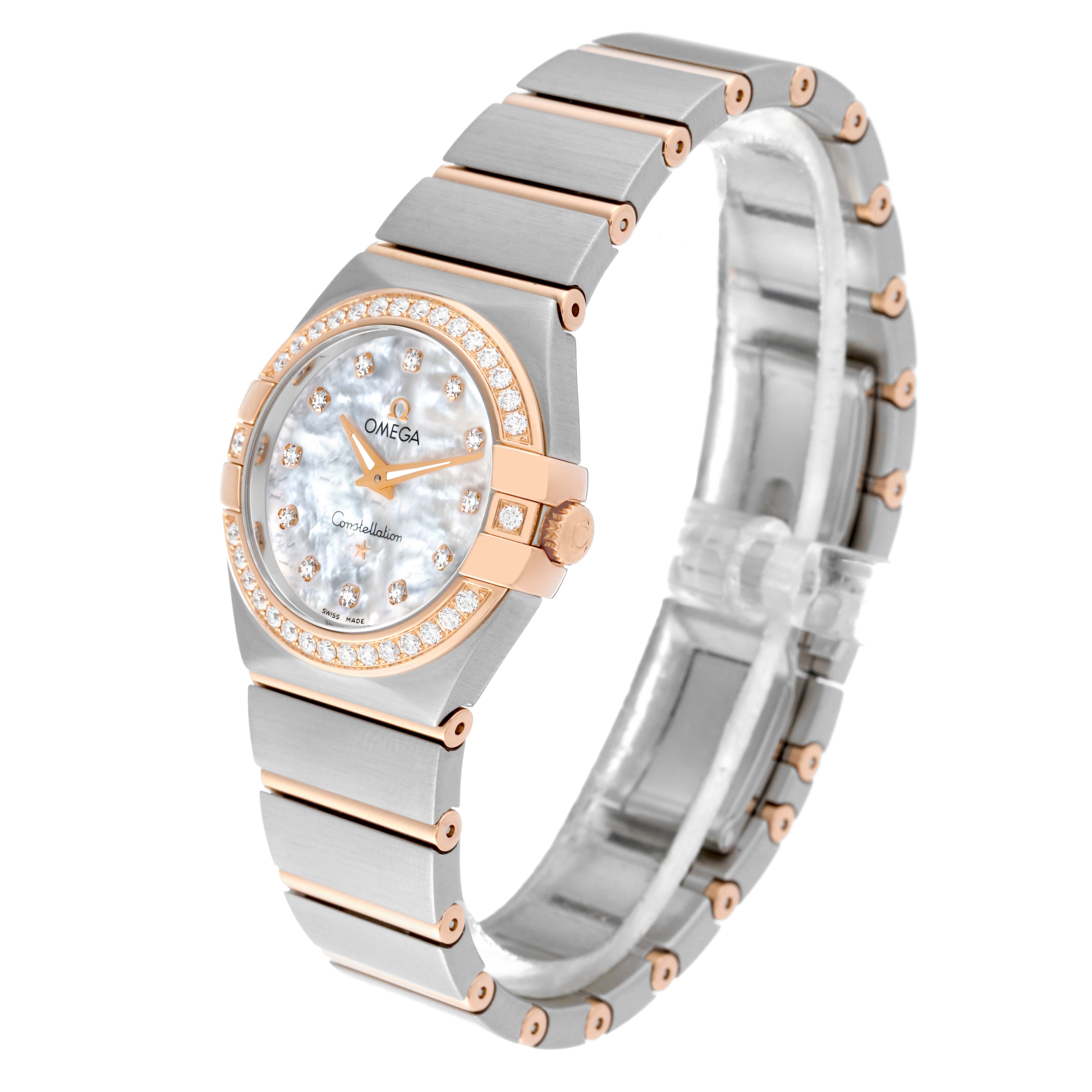 The image shows a side-angle view of the Omega 123.25.27.60.55.001 Women's Steel and Gold (two tone) Mother of Pearl Dial 123.25.27.60.55.001 Women's Steel and Gold (two tone) Mother of Pearl Dial Constellation Steel Rose Gold Mother of Pearl Diamond Dial Ladies Watch 123.25.27.60.55.001, displaying the face, strap, and bezel.