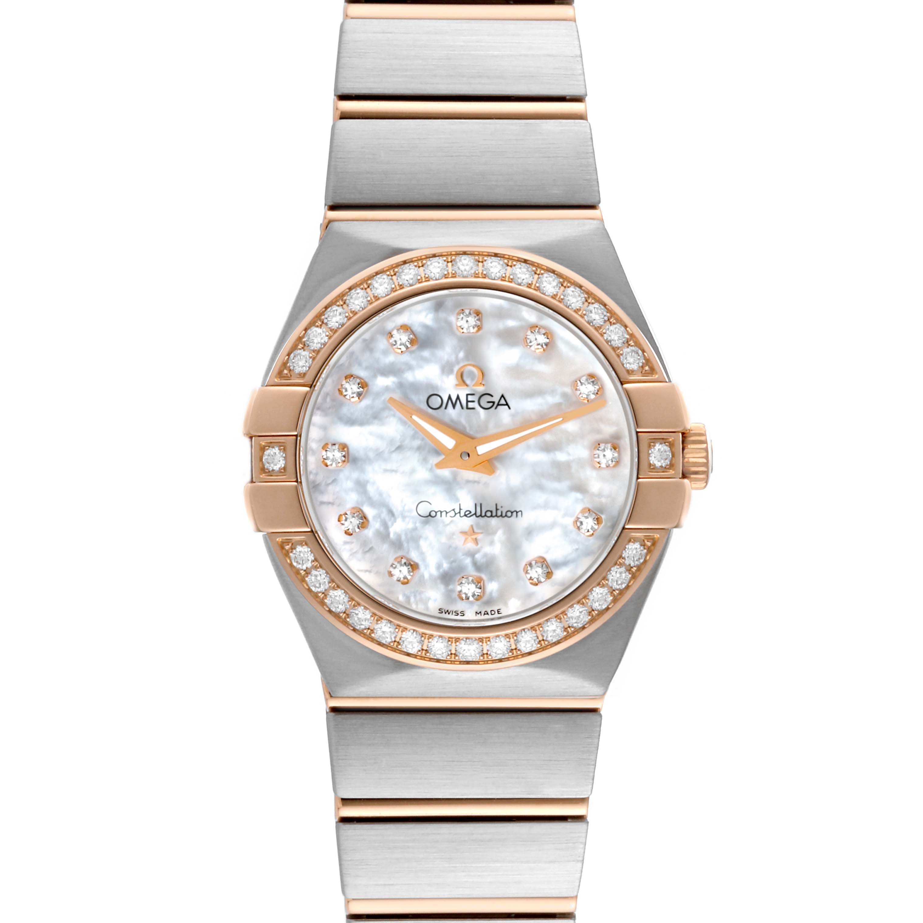 The Omega 123.25.27.60.55.001 Women's Steel and Gold (two tone) Mother of Pearl Dial 123.25.27.60.55.001 Women's Steel and Gold (two tone) Mother of Pearl Dial Constellation Steel Rose Gold Mother of Pearl Diamond Dial Ladies Watch model 123.25.27.60.55.001 is shown from the front.