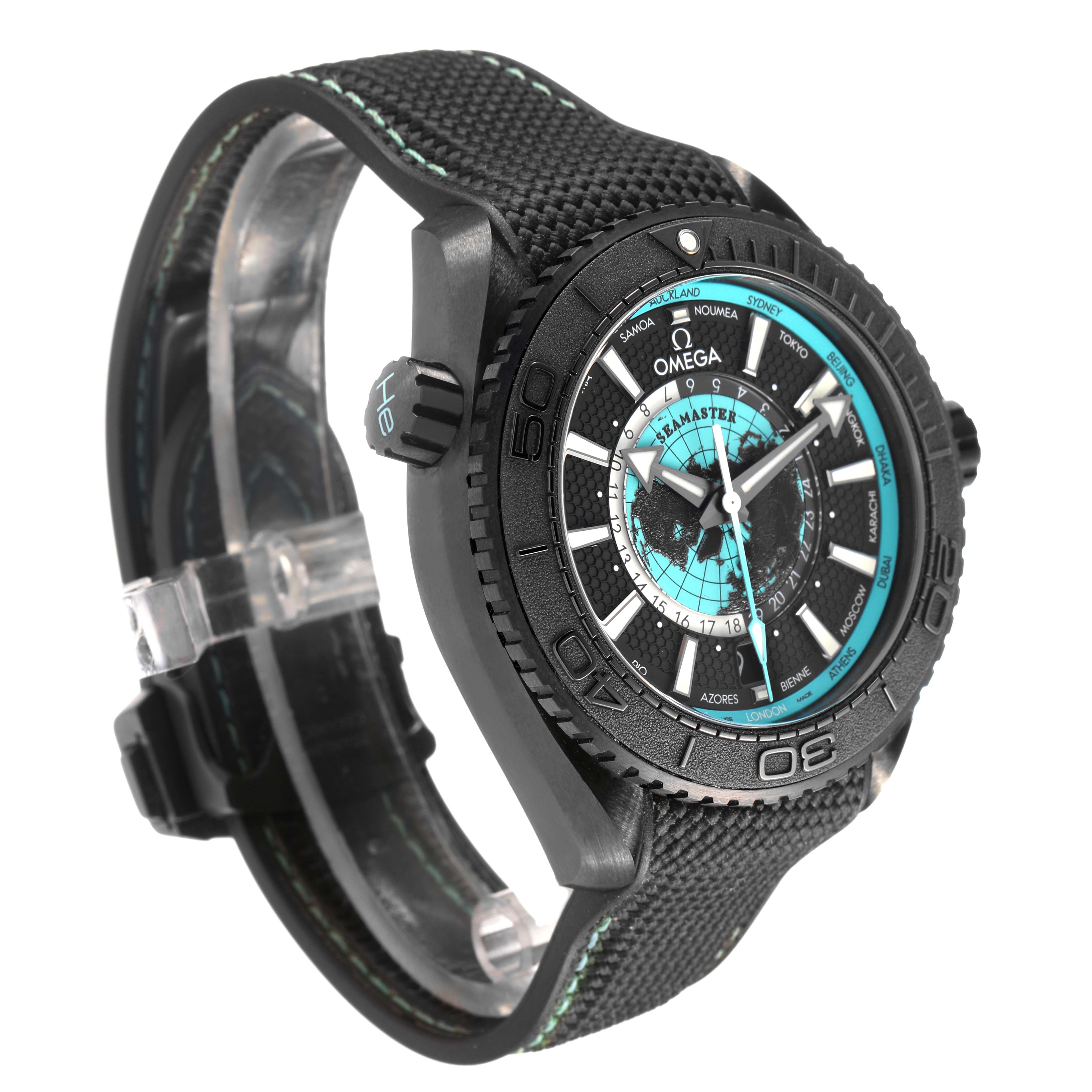 The Omega Planet Ocean 215.92.46.22.01.006 Men's Ceramic Black Dial watch is shown at a three-quarter angle, highlighting the dial, bezel, and black strap.