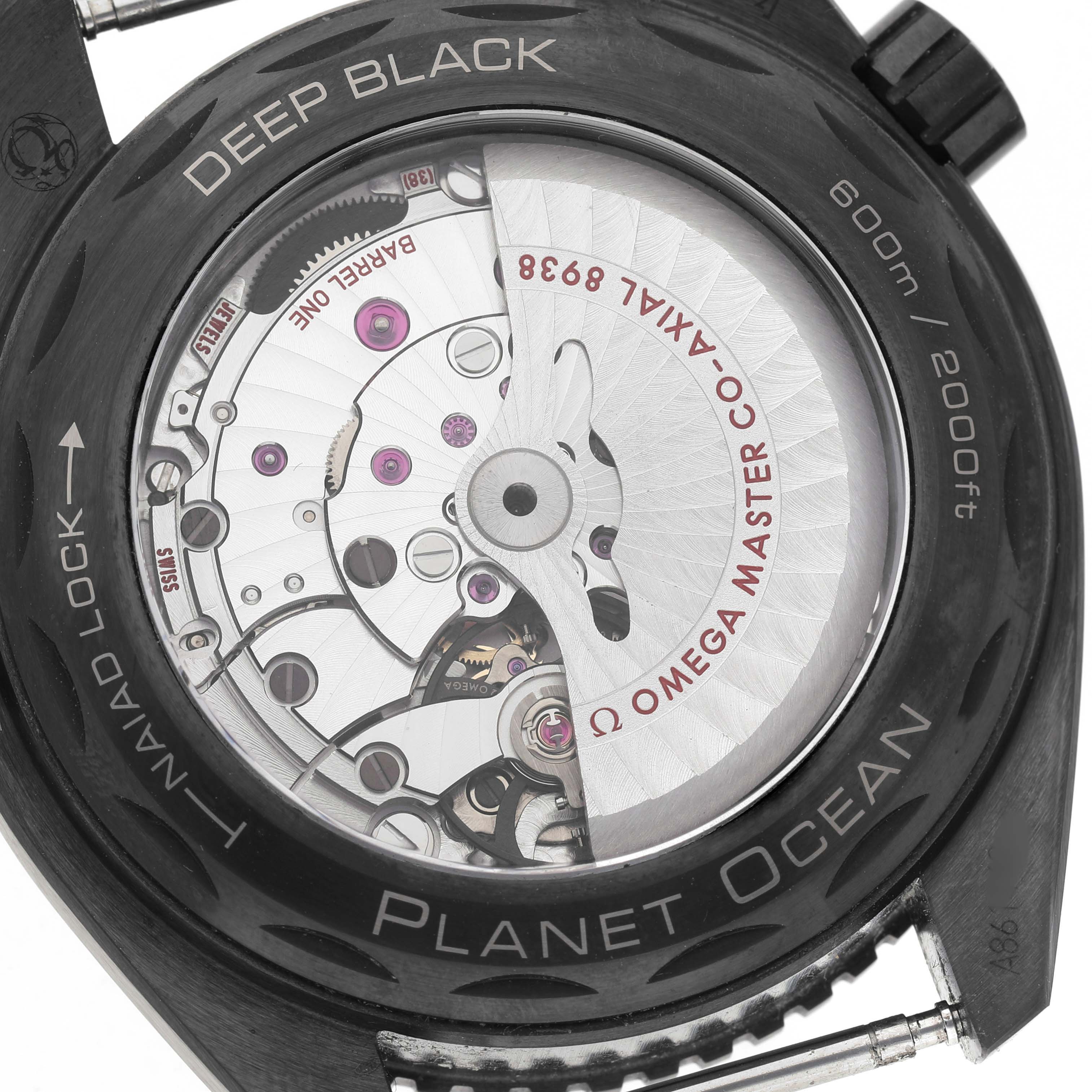 The image shows the back of an Omega Planet Ocean 215.92.46.22.01.006 Men's Ceramic Black Dial watch, highlighting the movement and case engravings.