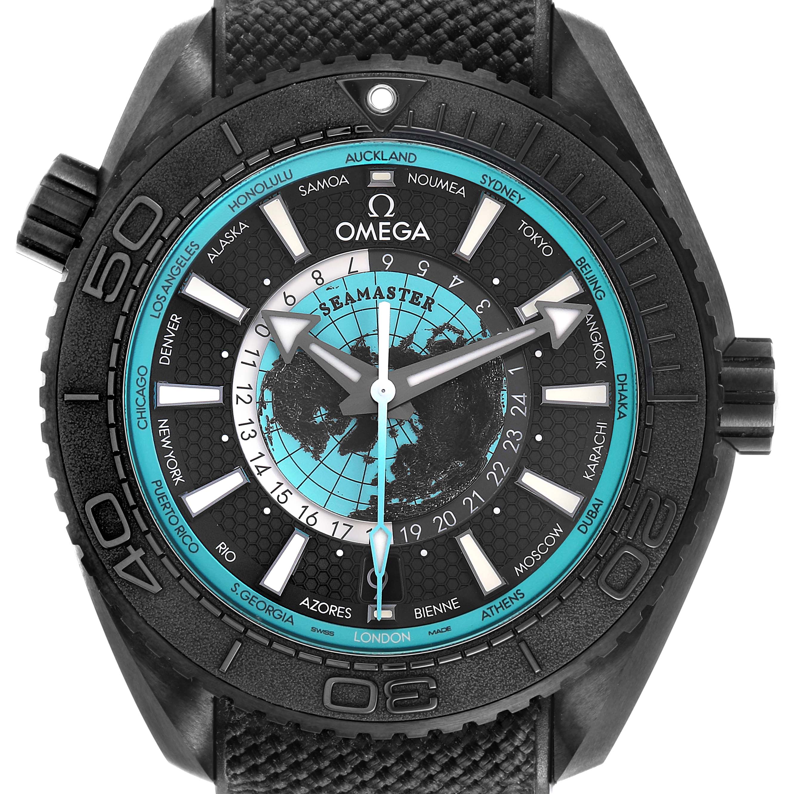 The Omega Planet Ocean 215.92.46.22.01.006 Men's Ceramic Black Dial watch is shown from the front, highlighting the dial with time zones and bold indices.