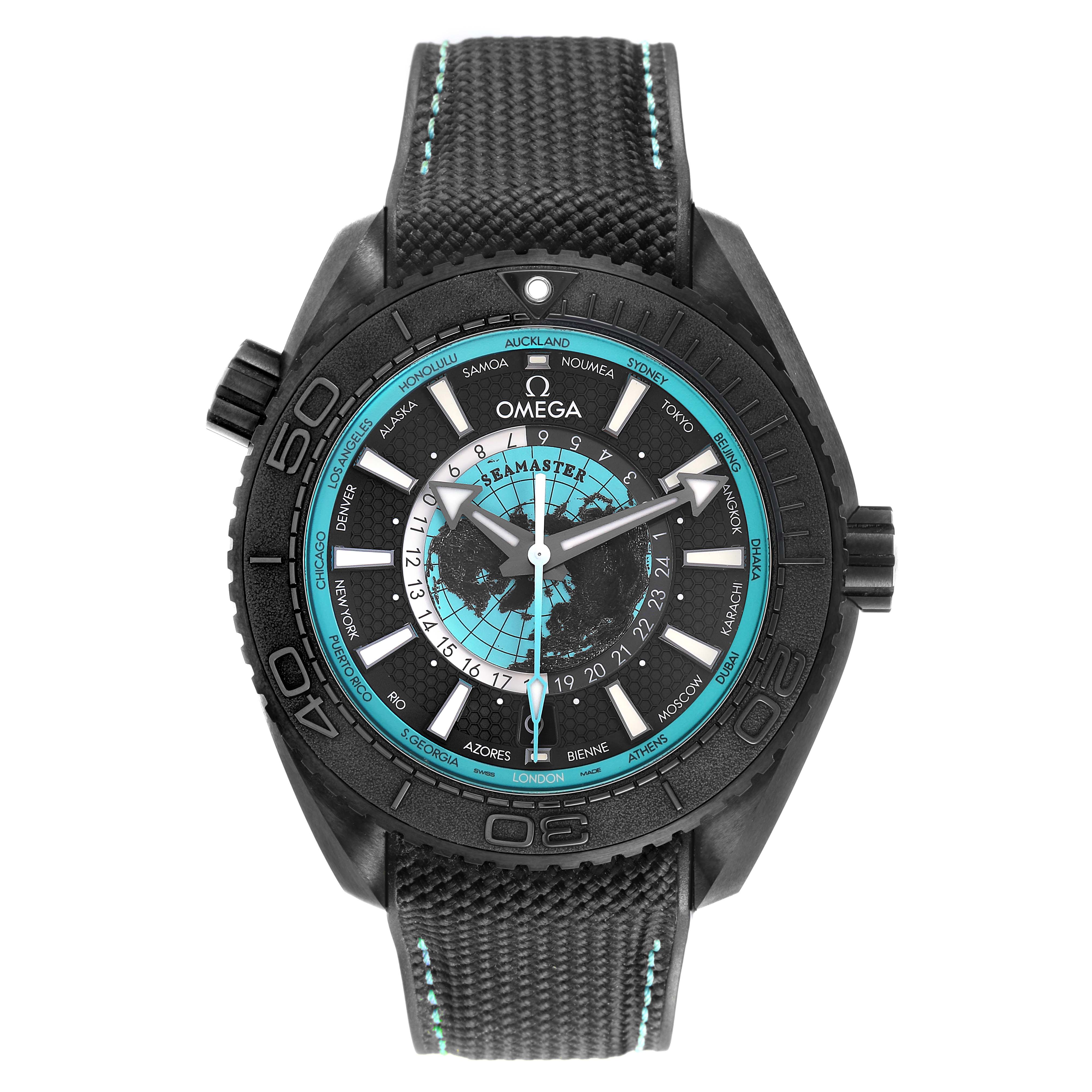 The Omega Planet Ocean 215.92.46.22.01.006 Men's Ceramic Black Dial watch is shown from the front, displaying its face, bezel, and strap details.