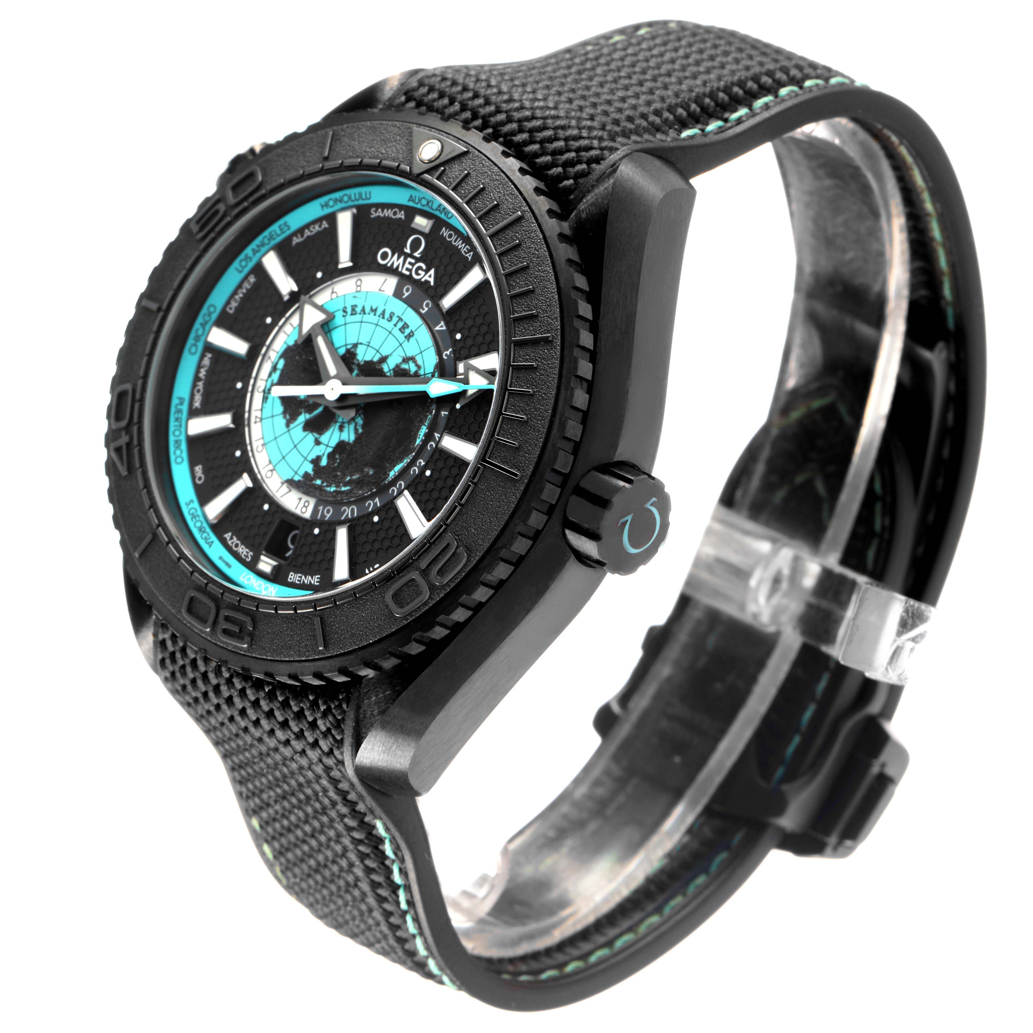 This Omega Planet Ocean 215.92.46.22.01.006 Men's Ceramic Black Dial watch is shown at an angle highlighting the bezel, crown, and textured strap.