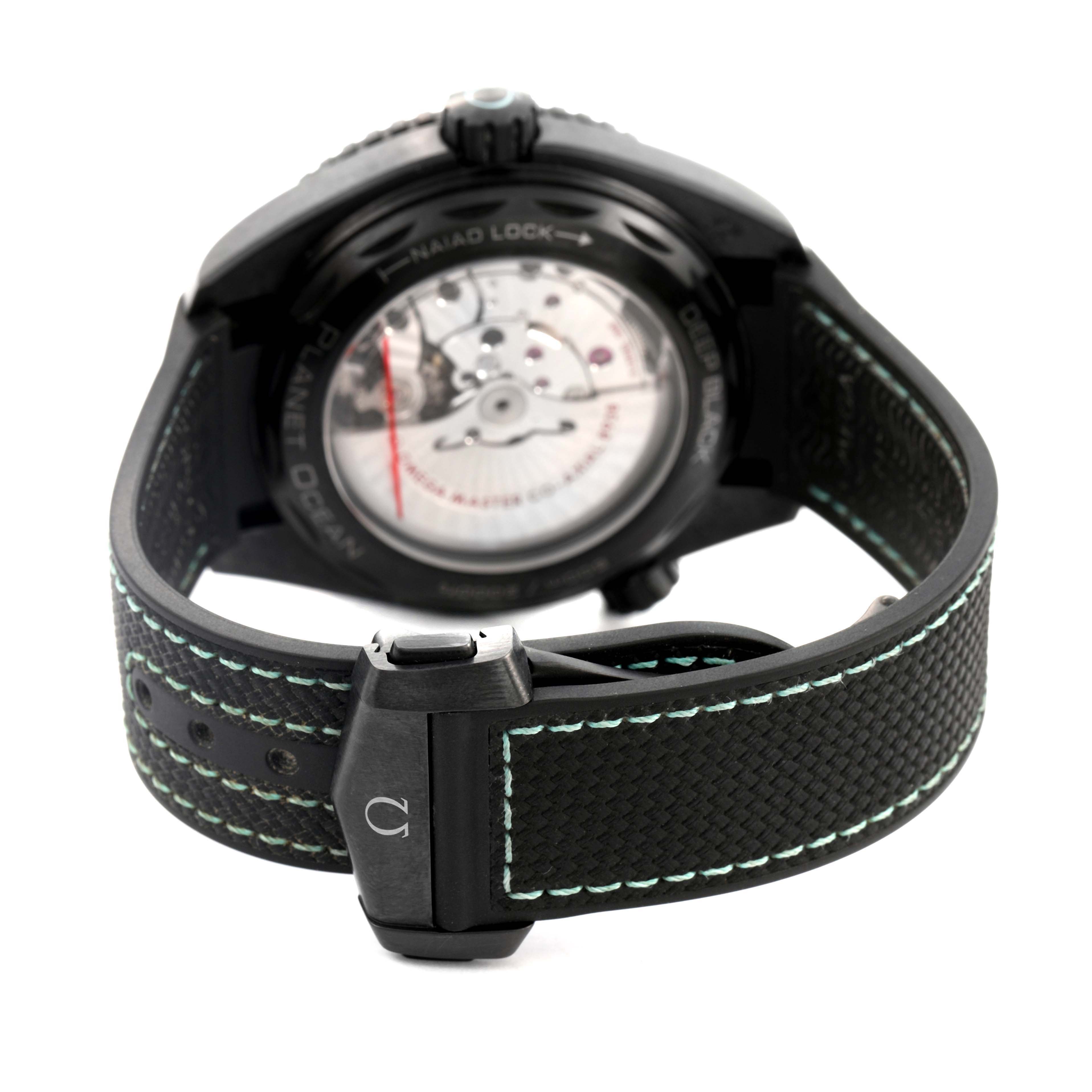 The image shows the back view of the Omega Planet Ocean 215.92.46.22.01.006 Men's Ceramic Black Dial watch, highlighting the case back and strap with stitching detail.