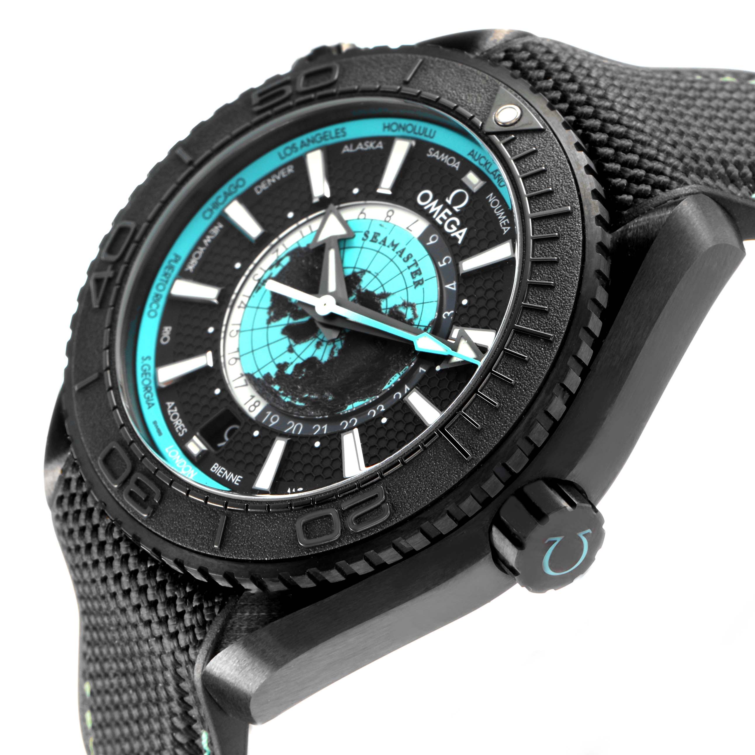 The Omega Planet Ocean 215.92.46.22.01.006 Men's Ceramic Black Dial watch is shown from a side angle, displaying the face, bezel, crown, and textured strap.