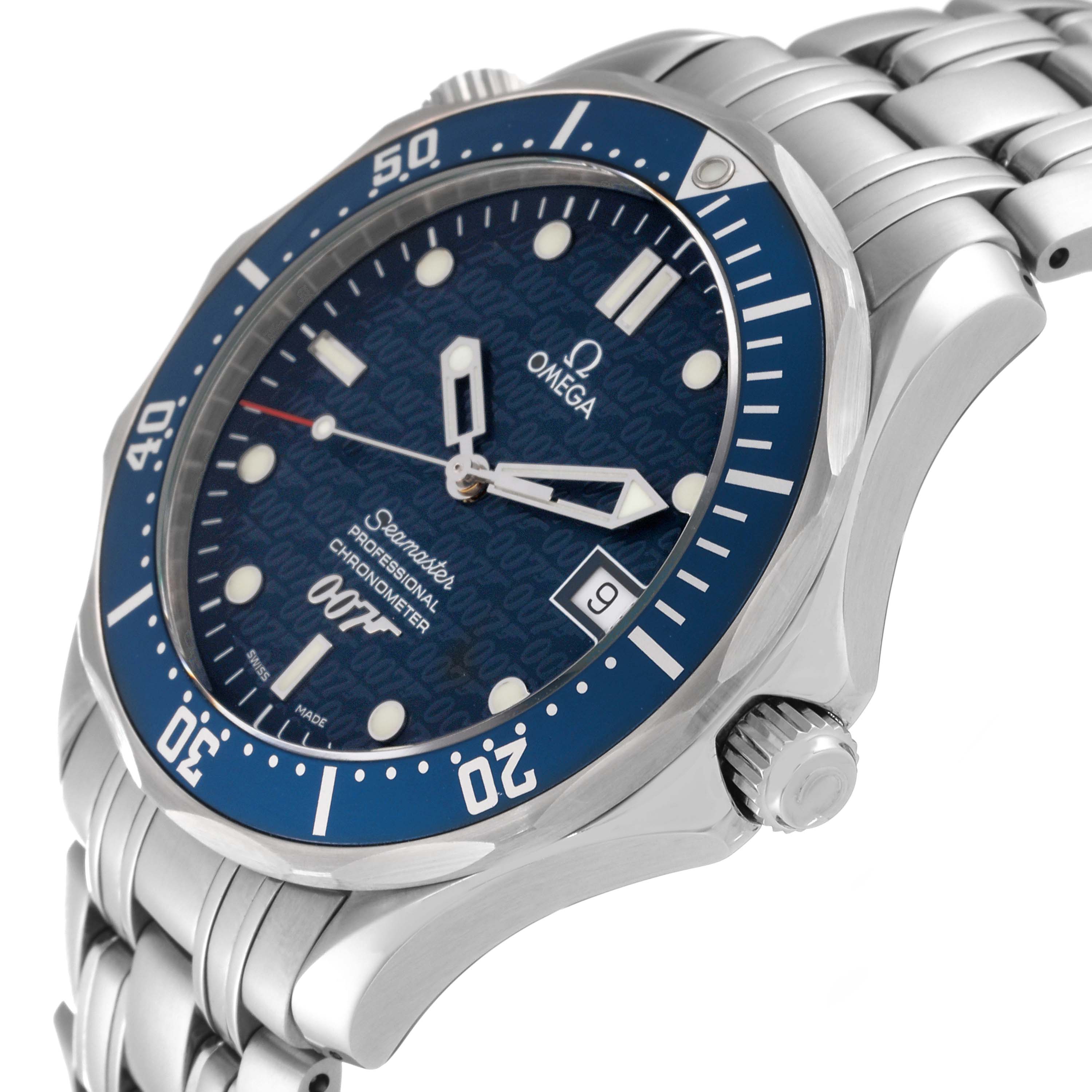 This image shows an Omega Seamaster 2537.80.00 Men's Stainless Steel Blue Dial 2537.80.00 Men's Stainless Steel Blue Dial watch at an angle, highlighting its blue dial, bezel, date window, and stainless steel bracelet.
