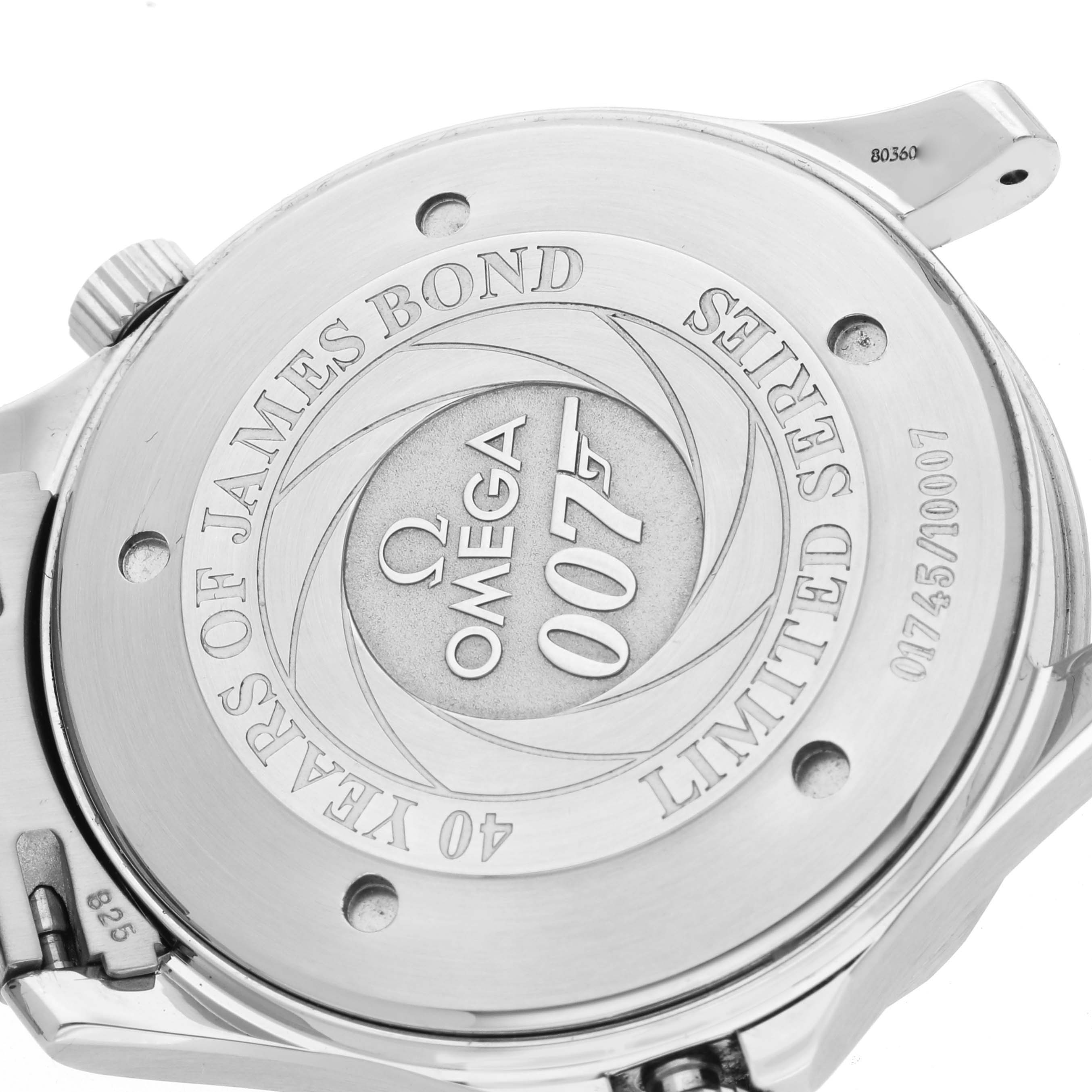 The image shows the case back of an Omega Seamaster 2537.80.00 Men's Stainless Steel Blue Dial 2537.80.00 Men's Stainless Steel Blue Dial 40 Years of James Bond Limited Series watch.