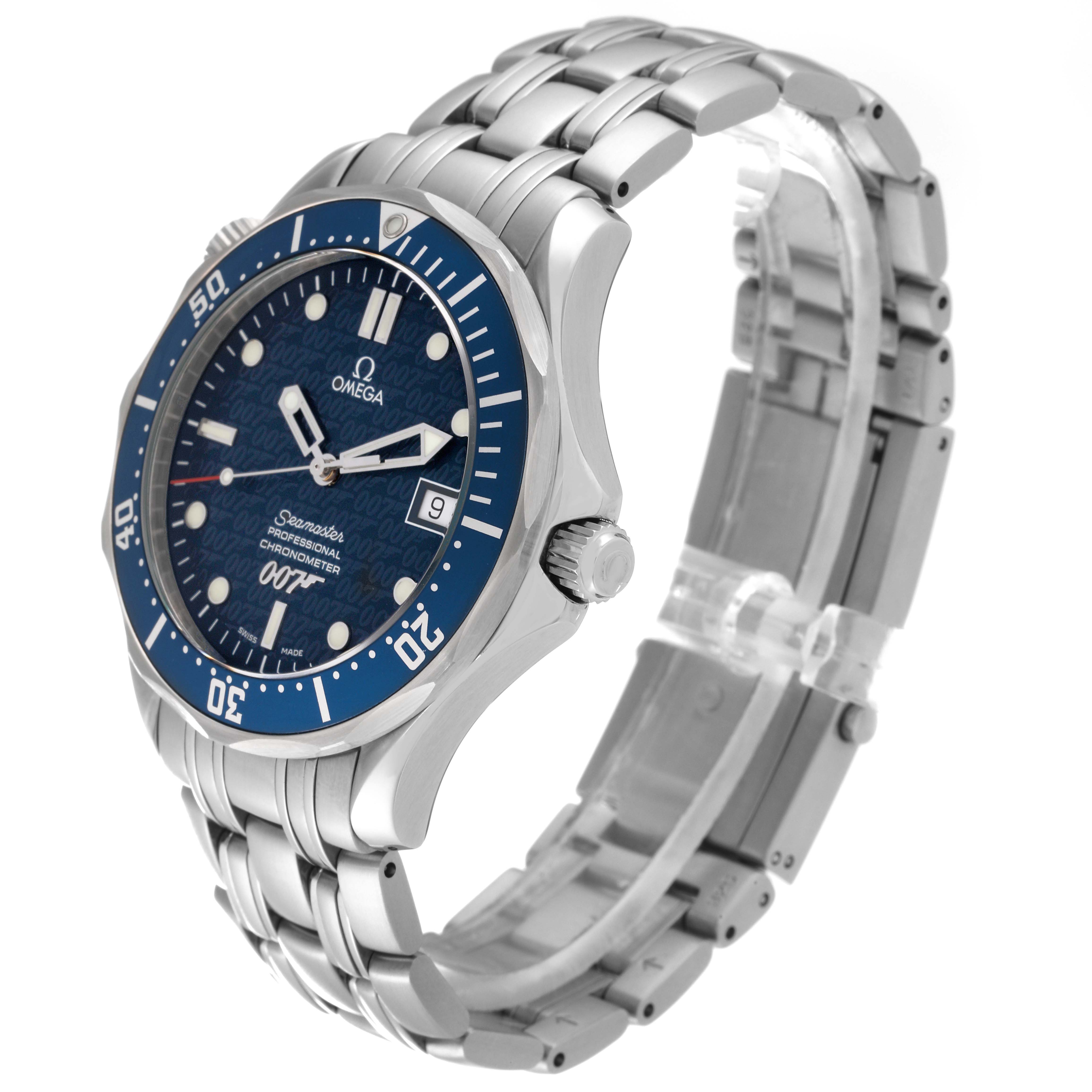The image shows an angled view of the Omega Seamaster 2537.80.00 Men's Stainless Steel Blue Dial 2537.80.00 Men's Stainless Steel Blue Dial watch, highlighting its blue dial, bezel, and metal bracelet.