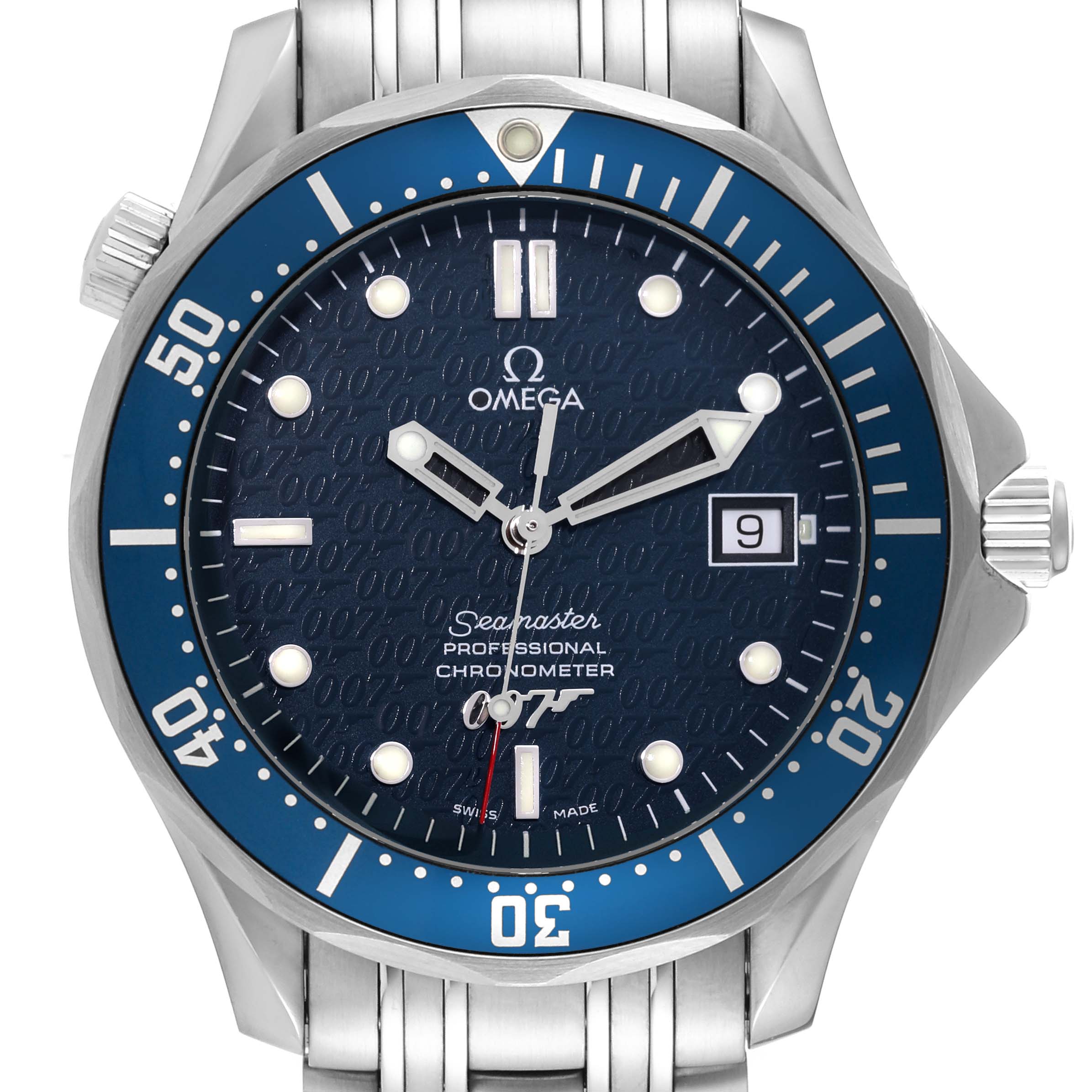 The image shows a front view of an Omega Seamaster 2537.80.00 Men's Stainless Steel Blue Dial 2537.80.00 Men's Stainless Steel Blue Dial watch, displaying its bezel, dial, hands, and date window.