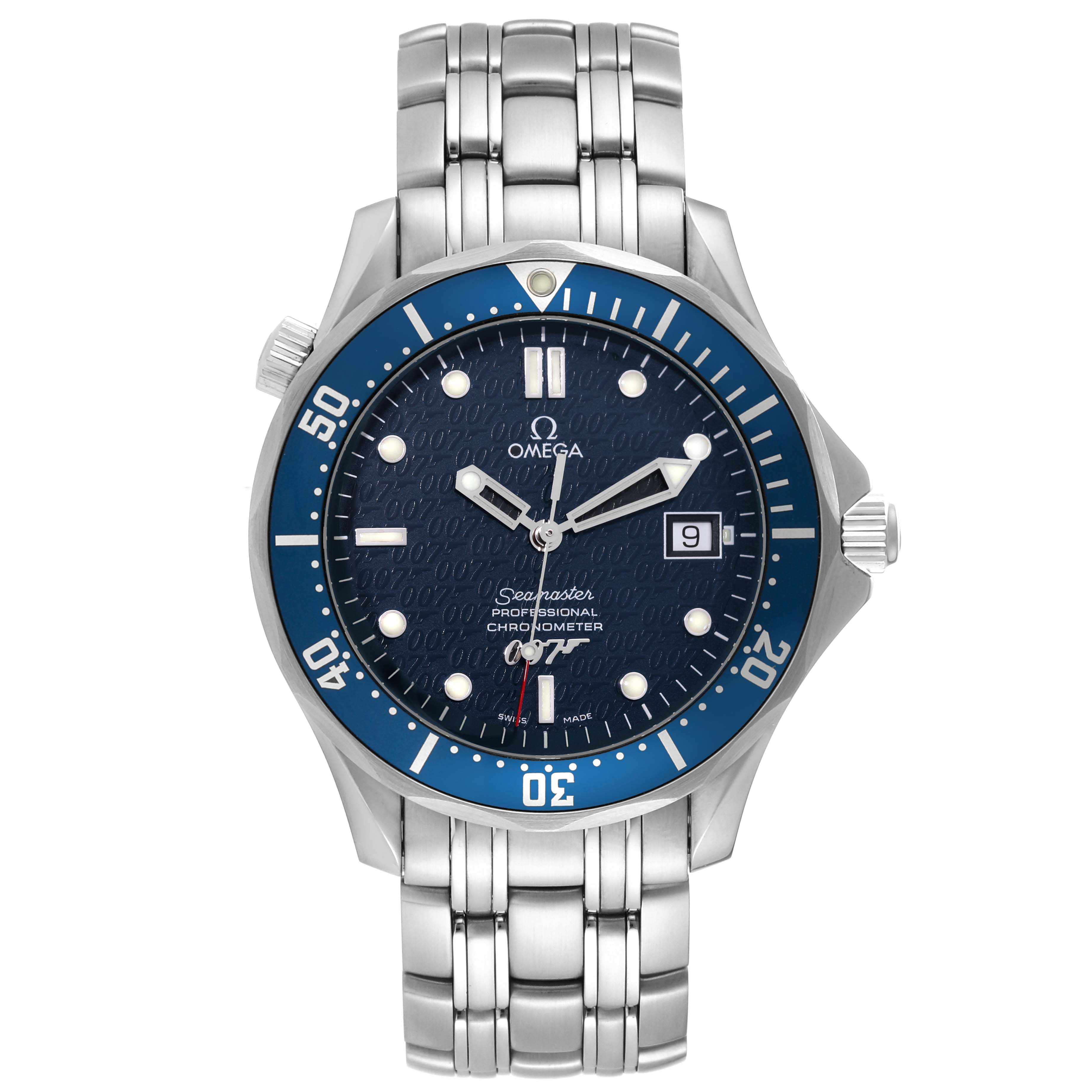 The Omega Seamaster 2537.80.00 Men's Stainless Steel Blue Dial 2537.80.00 Men's Stainless Steel Blue Dial watch's face and bracelet are shown from a front angle.