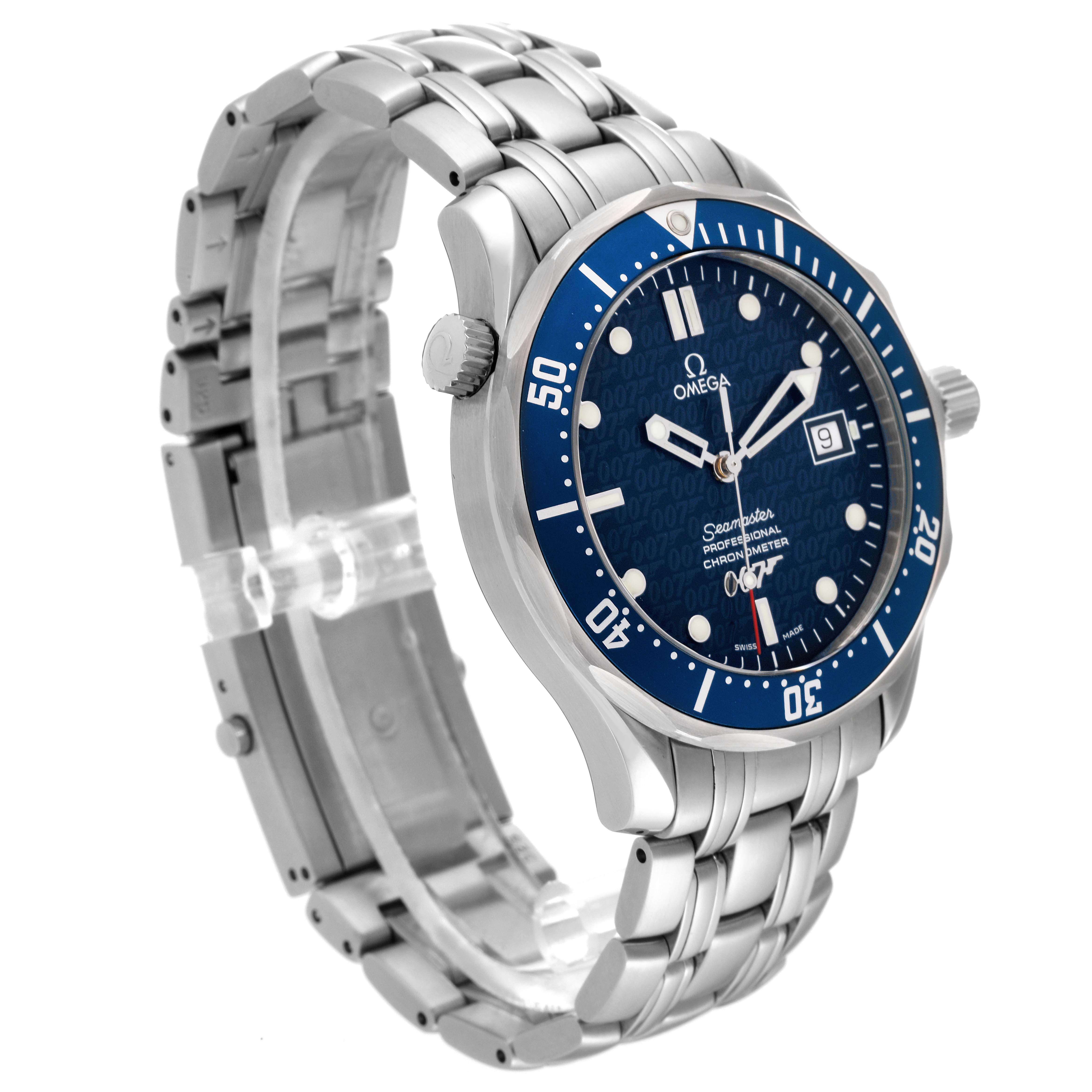 The Omega Seamaster 2537.80.00 Men's Stainless Steel Blue Dial 2537.80.00 Men's Stainless Steel Blue Dial watch is shown at an angle highlighting its blue dial, bezel, metal bracelet, and side crown.
