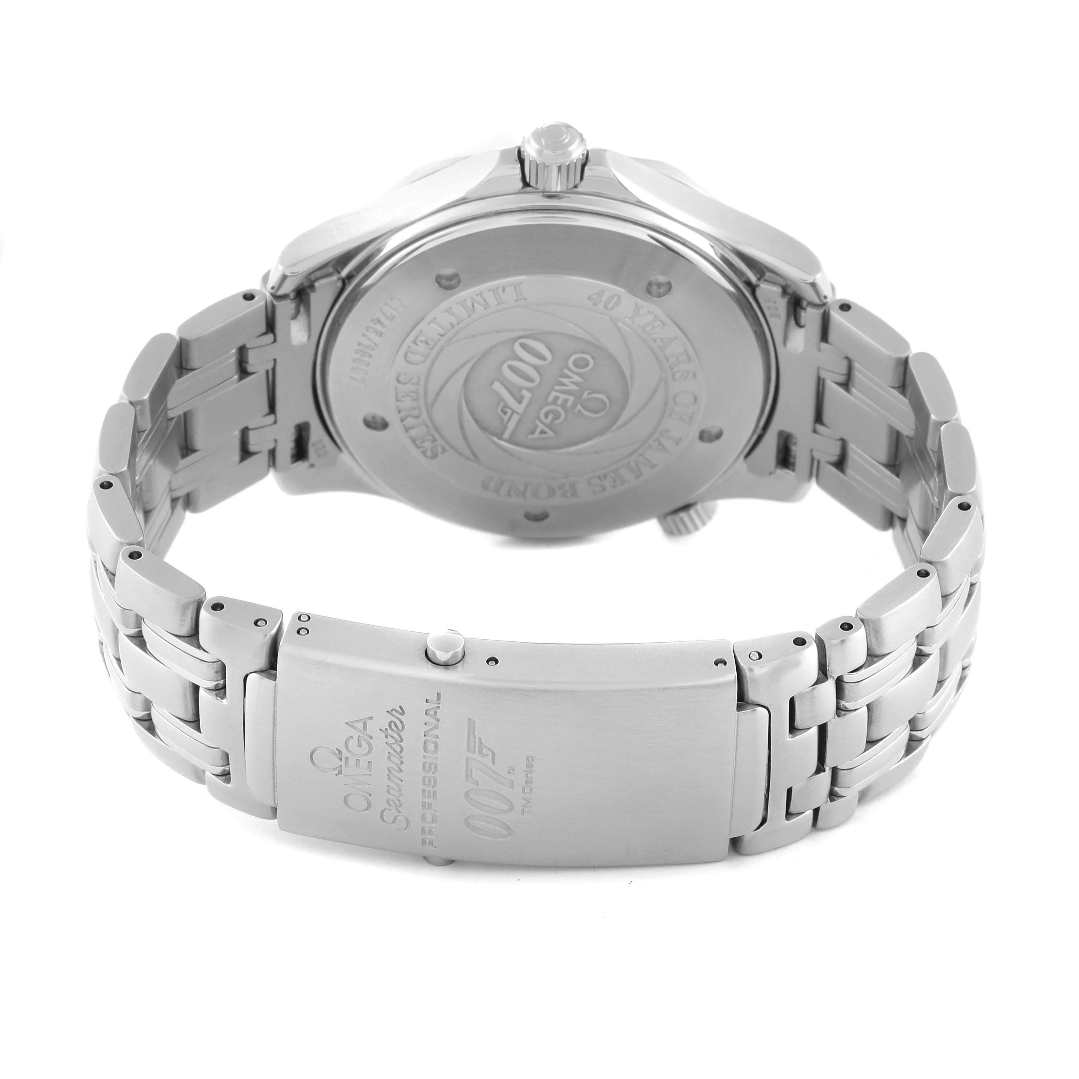 The image shows the back case and bracelet of an Omega Seamaster 2537.80.00 Men's Stainless Steel Blue Dial 2537.80.00 Men's Stainless Steel Blue Dial 007 model watch.