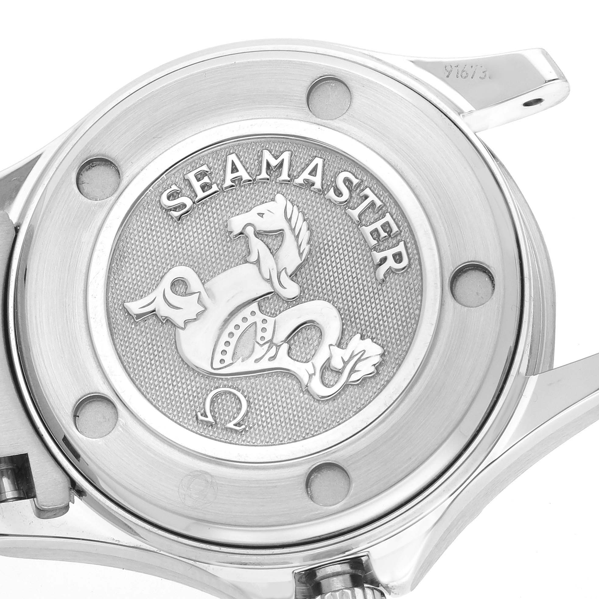 This image shows the back case of the Omega 212.30.28.61.51.001 Women's Stainless Steel Black Dial 212.30.28.61.51.001 Women's Stainless Steel Black Dial Seamaster Diamond Dial Steel Ladies Watch model 212.30.28.61.51.001.