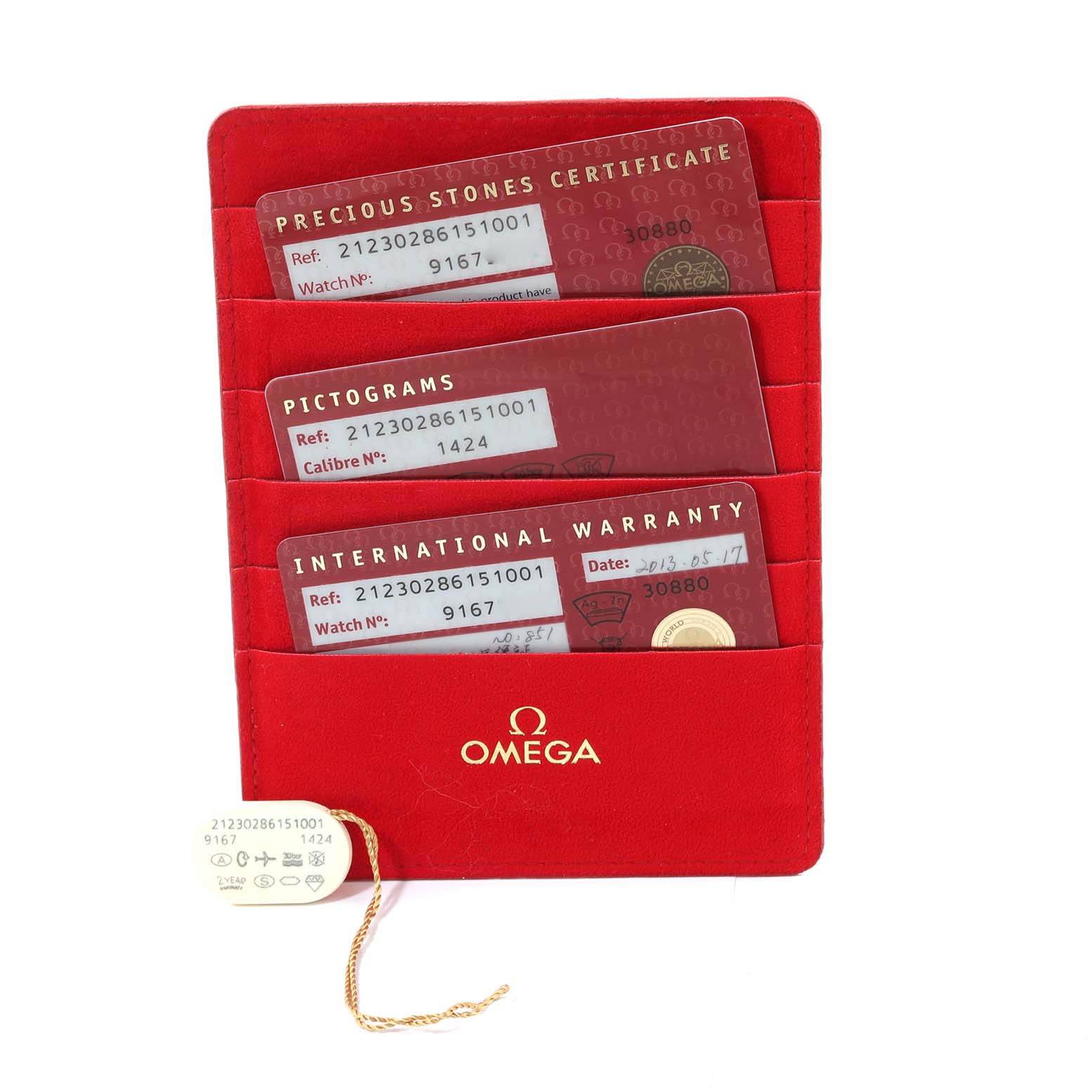 The image shows the certification cards for the Omega 212.30.28.61.51.001 Women's Stainless Steel Black Dial 212.30.28.61.51.001 Women's Stainless Steel Black Dial Seamaster Diamond Dial Steel Ladies Watch 212.30.28.61.51.001.