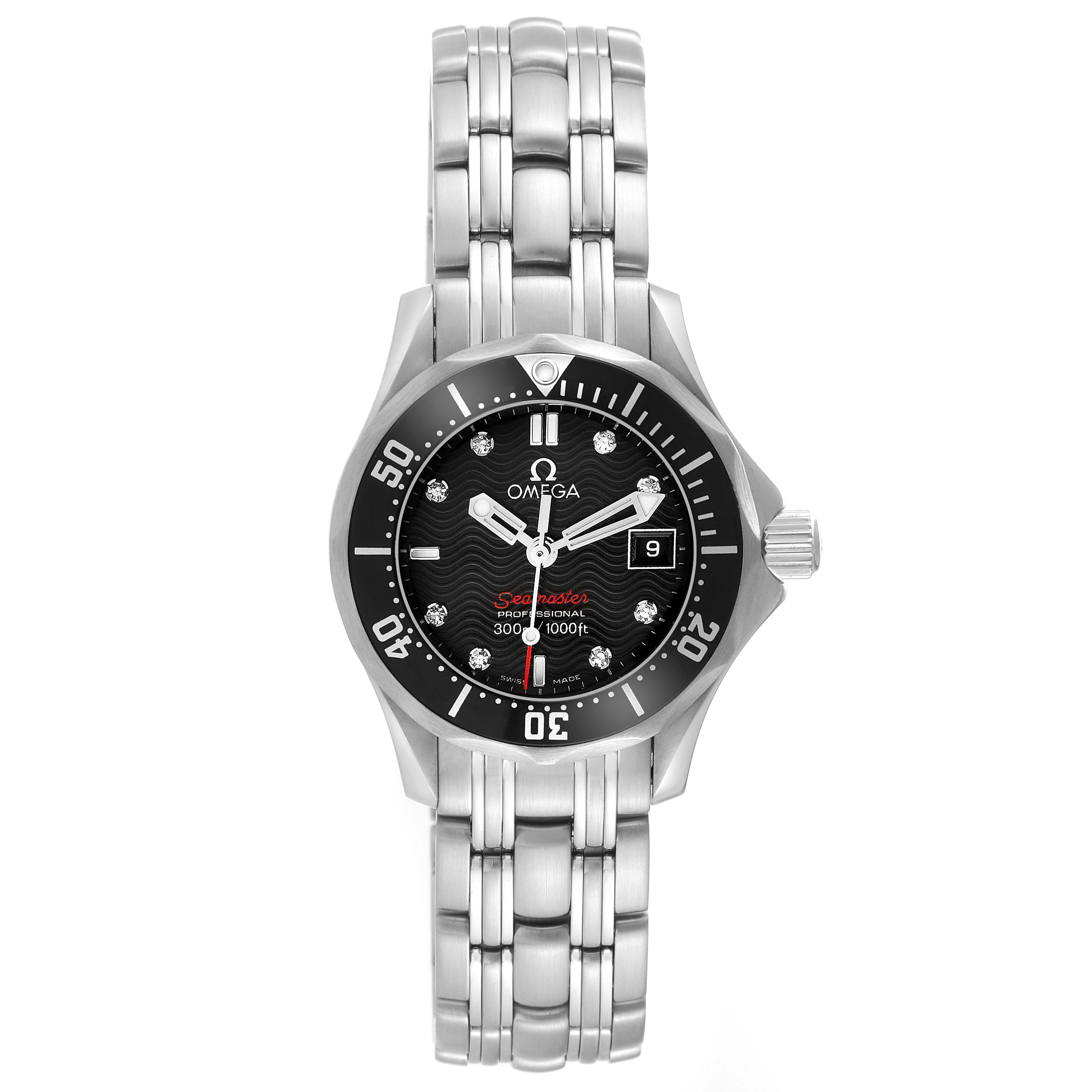 The image shows a frontal view of the Omega 212.30.28.61.51.001 Women's Stainless Steel Black Dial 212.30.28.61.51.001 Women's Stainless Steel Black Dial Seamaster Diamond Dial Steel Ladies Watch 212.30.28.61.51.001 displaying the face and bracelet.