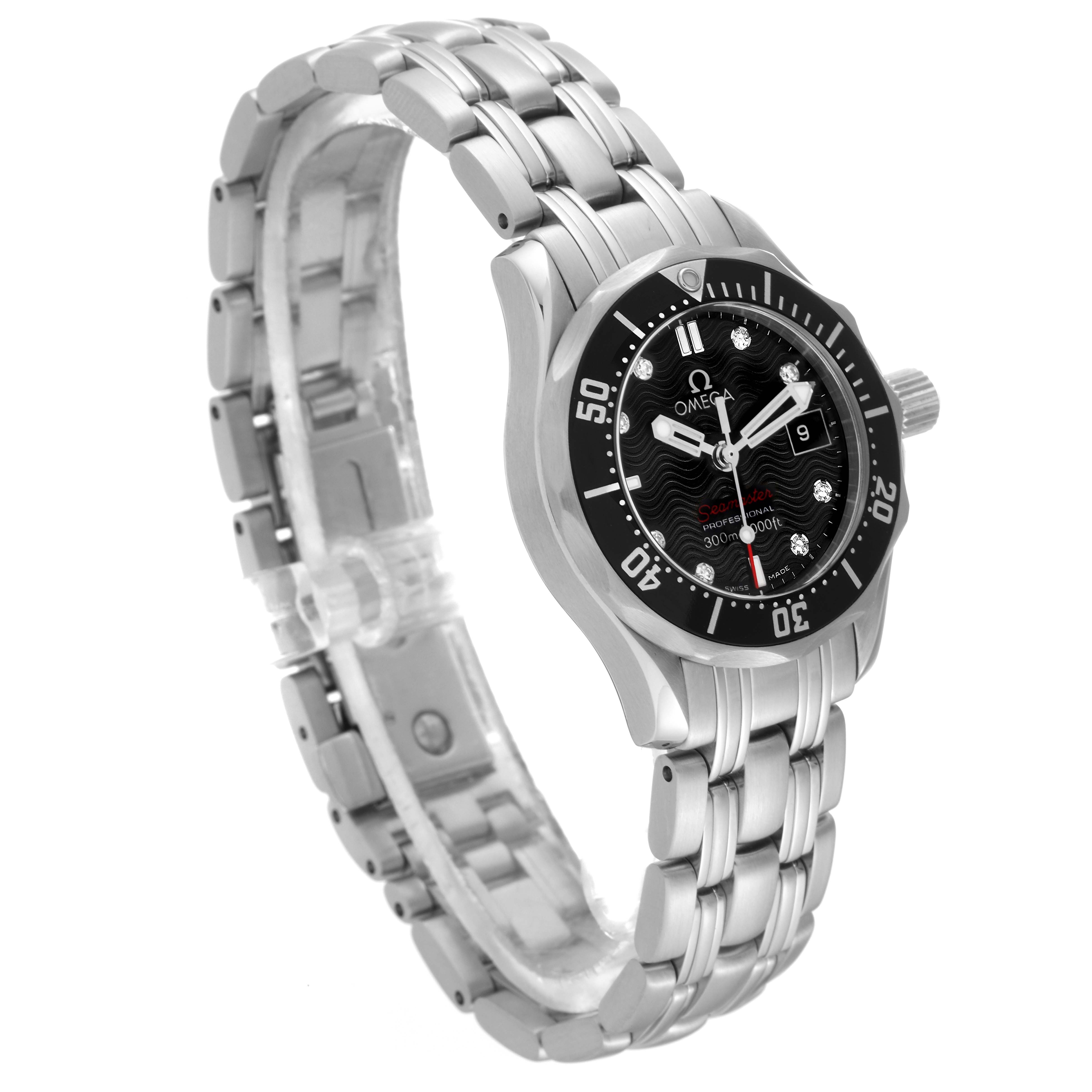 The image shows an angled view of the Omega 212.30.28.61.51.001 Women's Stainless Steel Black Dial 212.30.28.61.51.001 Women's Stainless Steel Black Dial Seamaster Diamond Dial Steel Ladies Watch 212.30.28.61.51.001, highlighting the face, bezel, and bracelet.