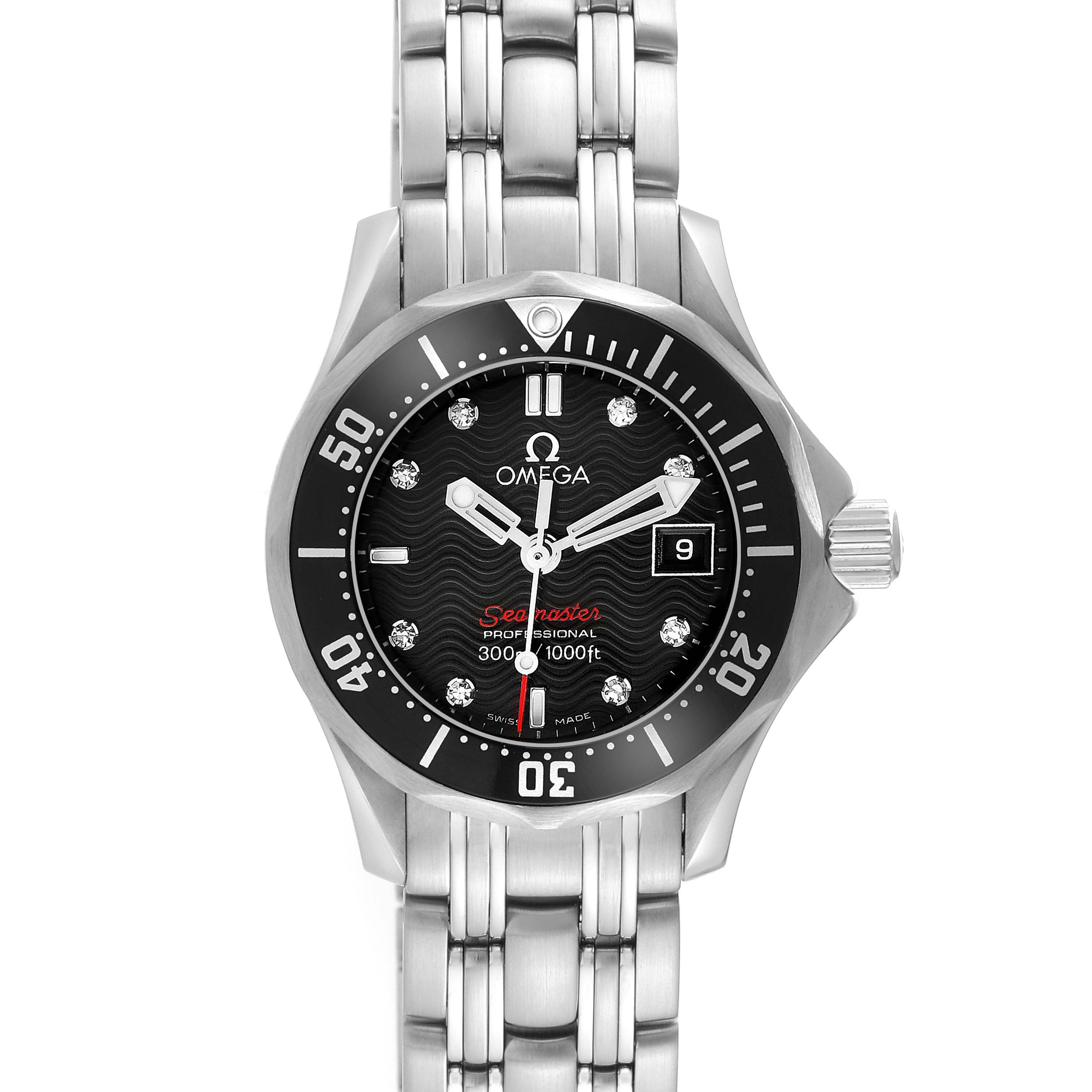 The image shows a front view of the Omega 212.30.28.61.51.001 Women's Stainless Steel Black Dial 212.30.28.61.51.001 Women's Stainless Steel Black Dial Seamaster Diamond Dial Steel Ladies Watch 212.30.28.61.51.001, highlighting the dial, case, and bracelet.