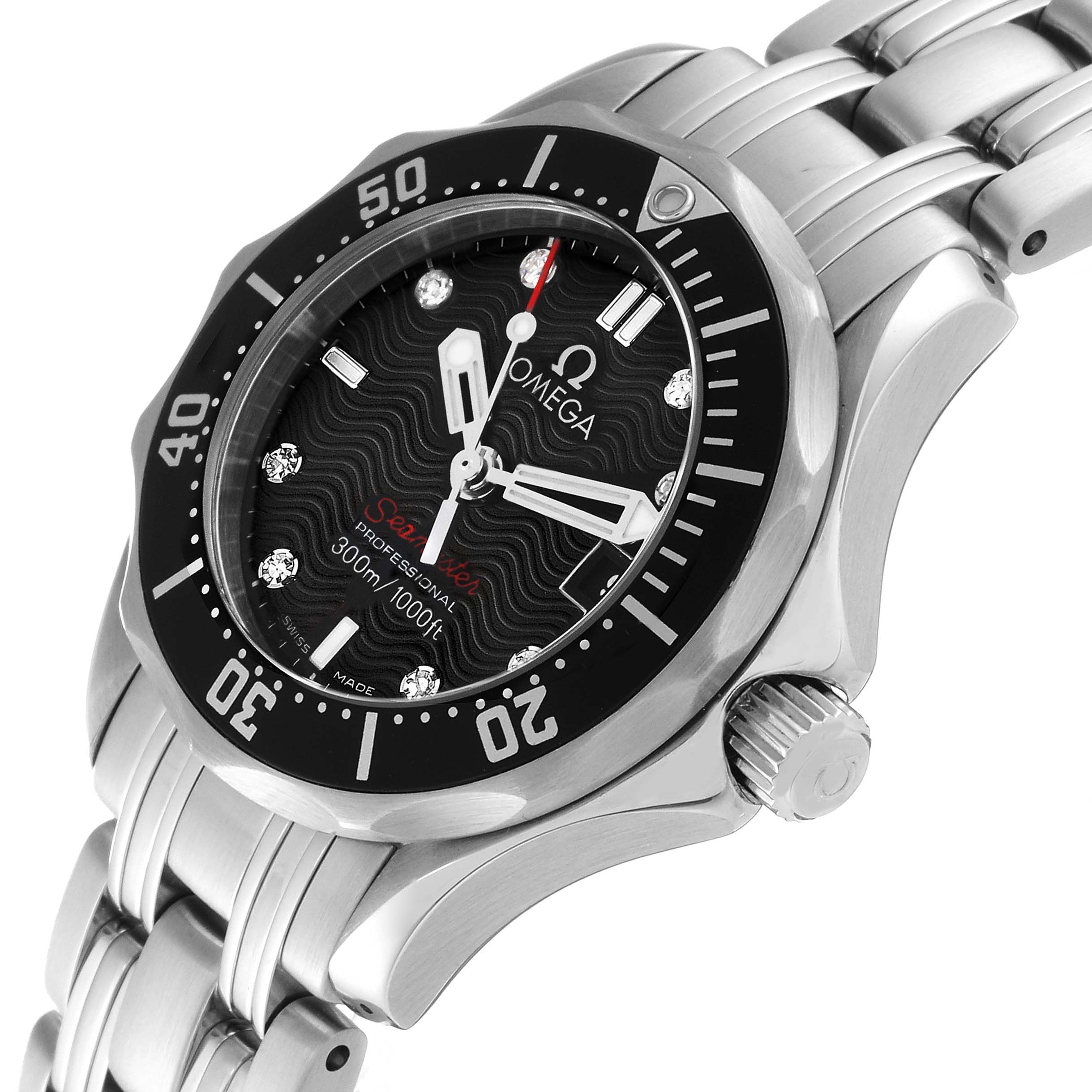 The image shows an angled view of the Omega 212.30.28.61.51.001 Women's Stainless Steel Black Dial 212.30.28.61.51.001 Women's Stainless Steel Black Dial Seamaster Diamond Dial Steel Ladies Watch 212.30.28.61.51.001, displaying its face, bezel, crown, and bracelet.