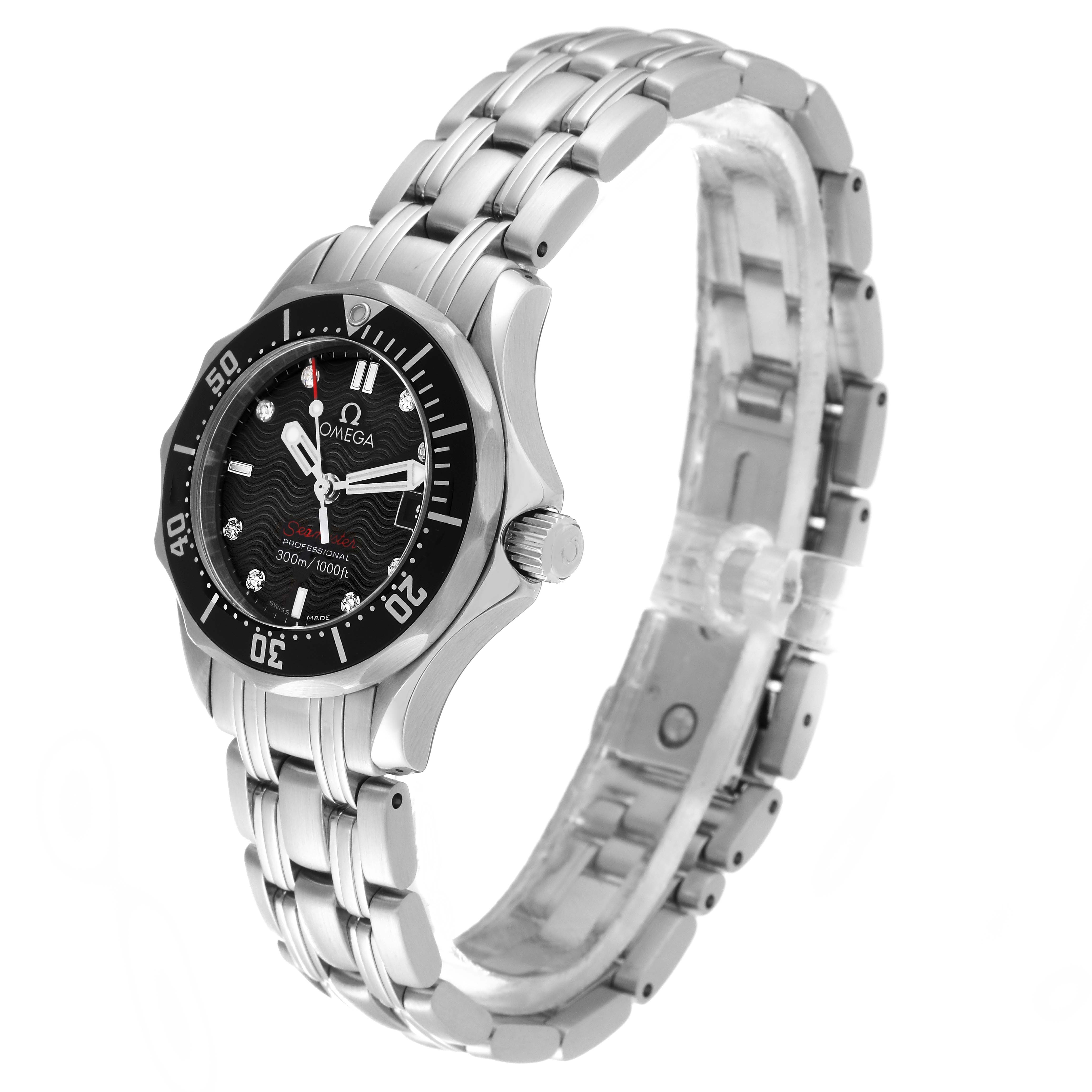This Omega 212.30.28.61.51.001 Women's Stainless Steel Black Dial 212.30.28.61.51.001 Women's Stainless Steel Black Dial Seamaster Diamond Dial Steel Ladies Watch 212.30.28.61.51.001 is shown at a three-quarter angle, highlighting its face and bracelet.
