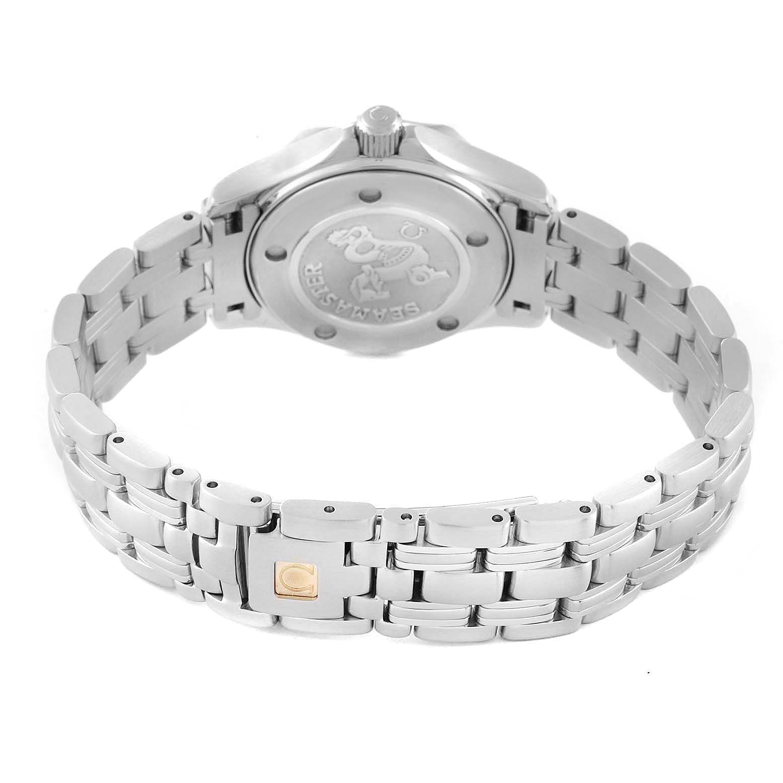 The image shows the back and clasp of the Omega 212.30.28.61.51.001 Women's Stainless Steel Black Dial 212.30.28.61.51.001 Women's Stainless Steel Black Dial Seamaster Diamond Dial Steel Ladies Watch 212.30.28.61.51.001.