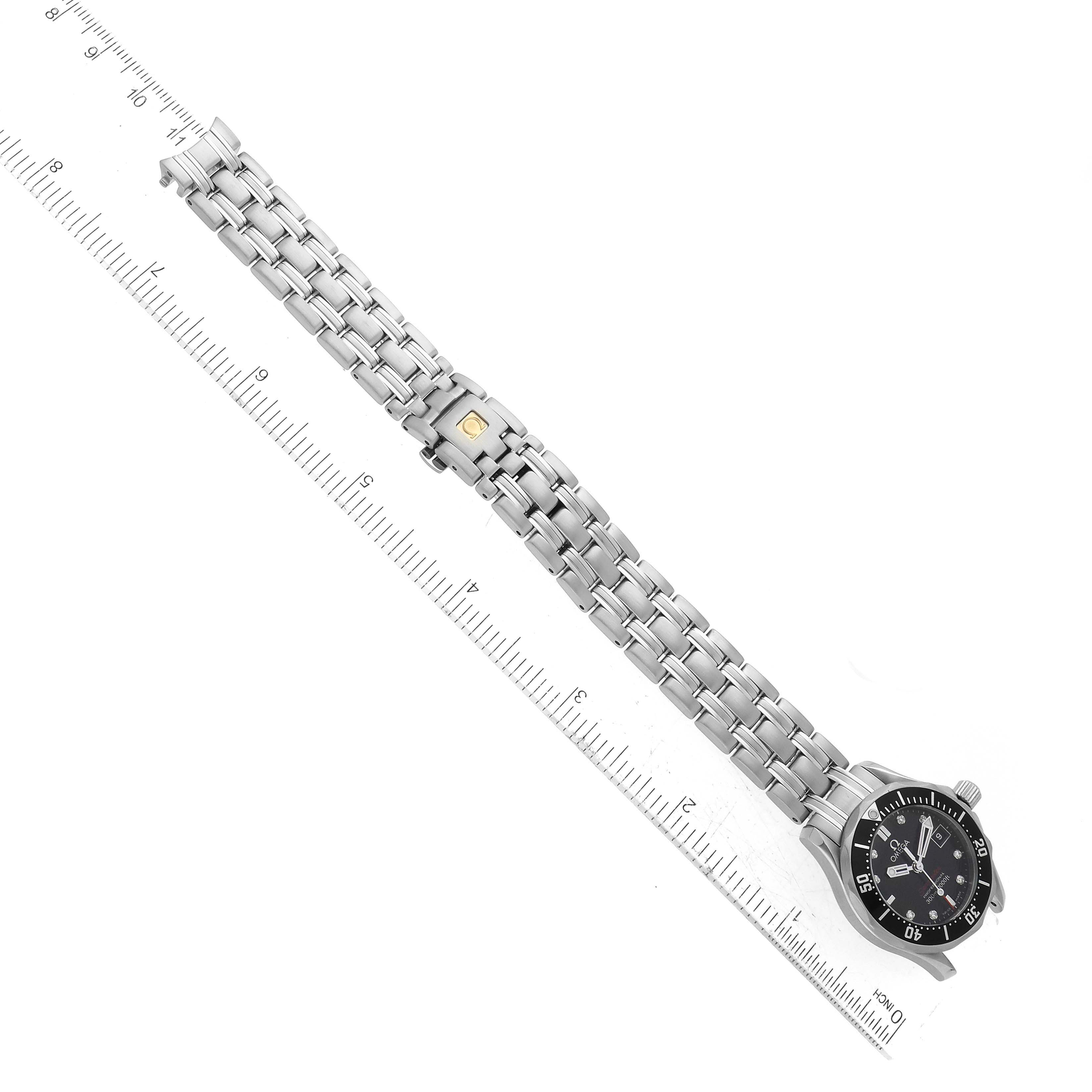 The image shows an Omega 212.30.28.61.51.001 Women's Stainless Steel Black Dial 212.30.28.61.51.001 Women's Stainless Steel Black Dial Seamaster Diamond Dial Steel Ladies Watch model 212.30.28.61.51.001 laid flat, displaying the face, dial, and bracelet.