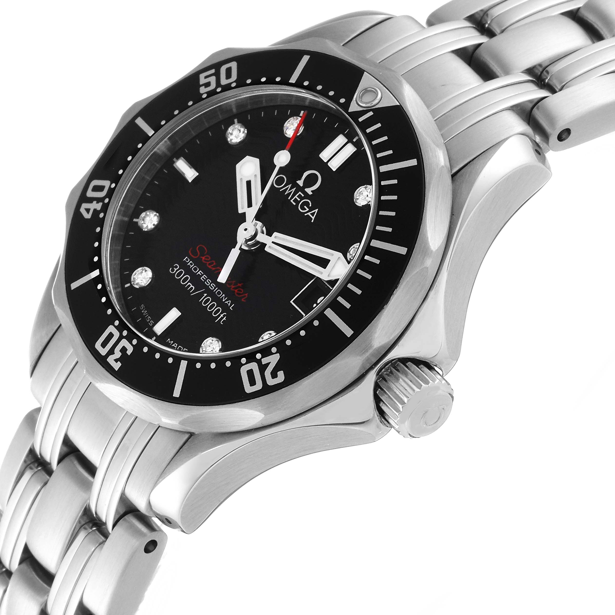 The Omega 212.30.28.61.51.001 Women's Stainless Steel Black Dial 212.30.28.61.51.001 Women's Stainless Steel Black Dial Seamaster Diamond Dial Steel Ladies Watch model 212.30.28.61.51.001 is shown at an angle highlighting the dial and bracelet.